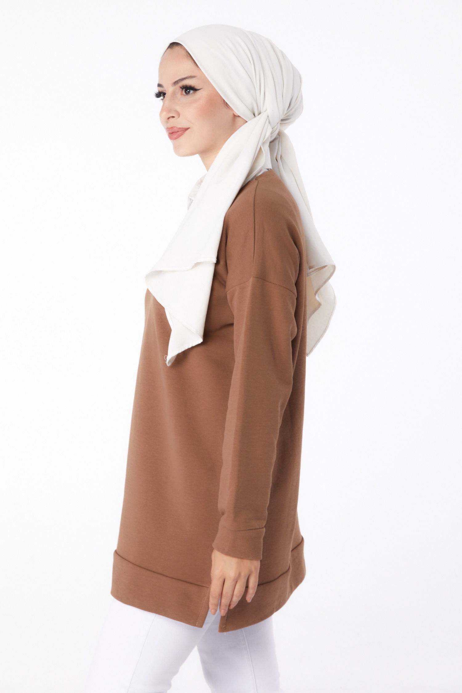 Düz Bisiklet Yaka Kadın Kahve Uzun Kollu Sweatshirt - 24653 - 4