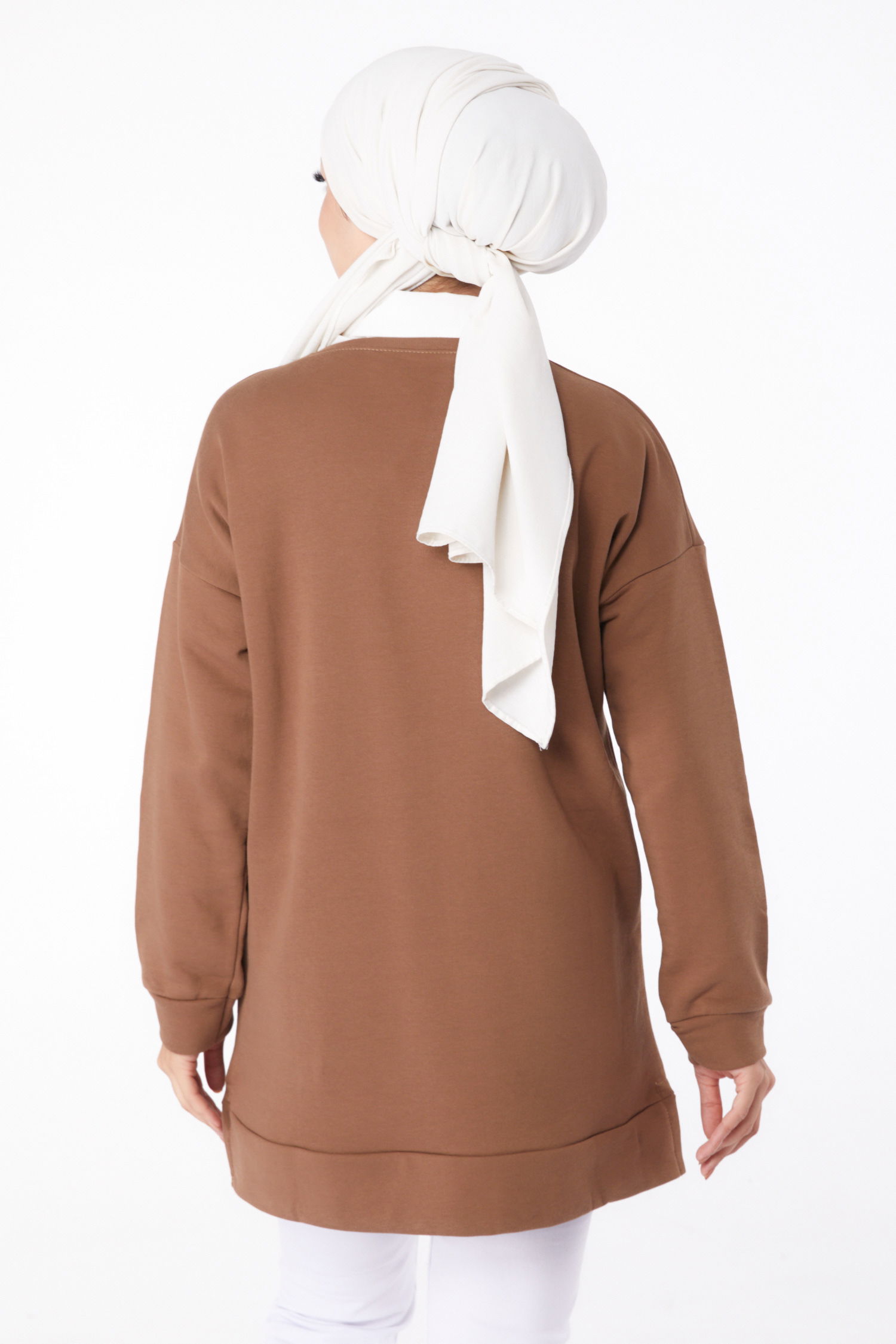 Düz Bisiklet Yaka Kadın Kahve Uzun Kollu Sweatshirt - 24653 - 5