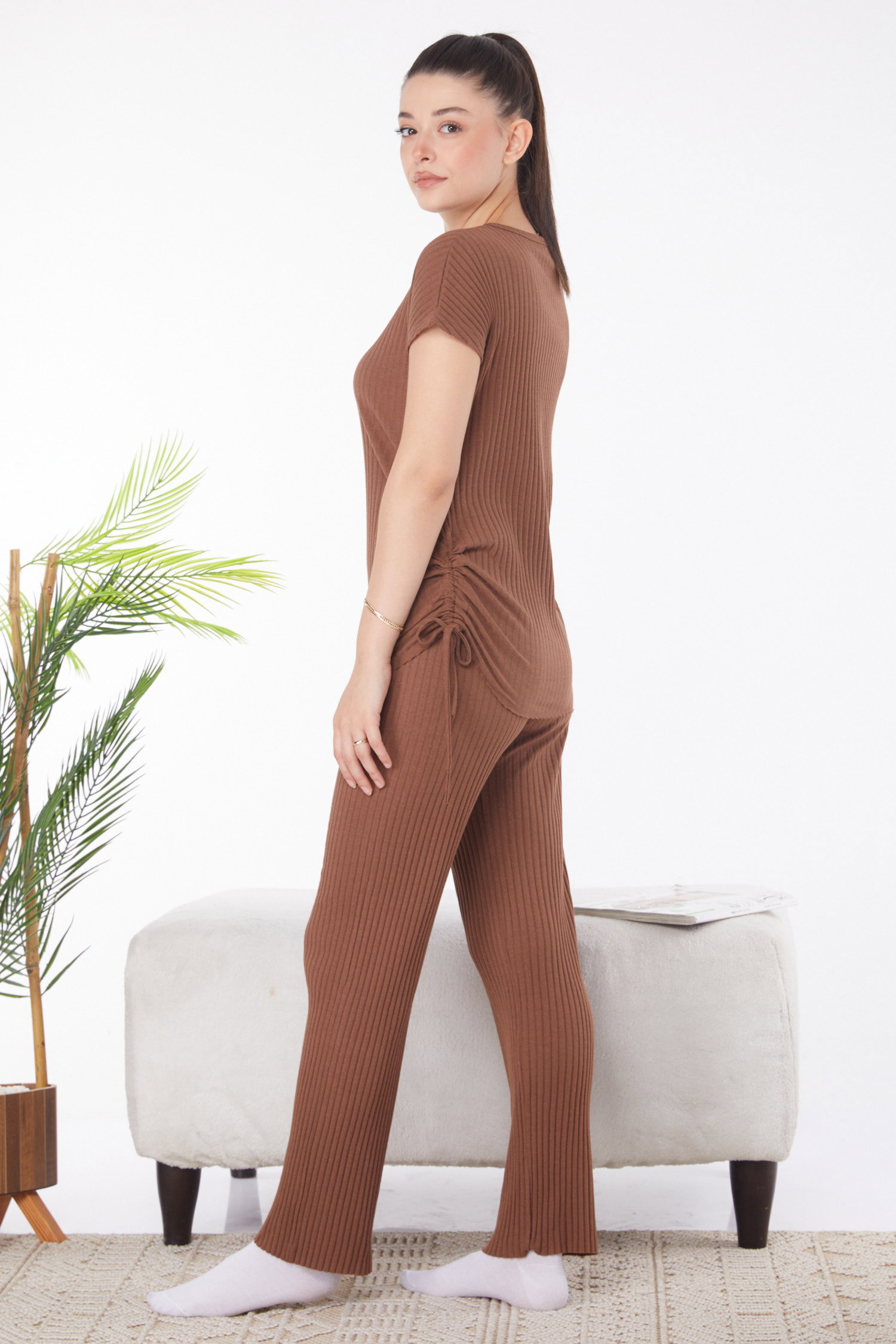 Düz Bisiklet Yaka Kadın Kahve Yanları Bağcıklı İkili Takım - 25839 - 4