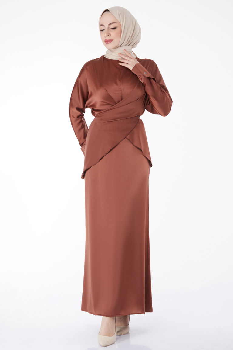 Düz Bisiklet Yaka Kadın Kahve Yırtmaç Ve Bağcık Detaylı İkili Takım - 24999 - TOFİSA