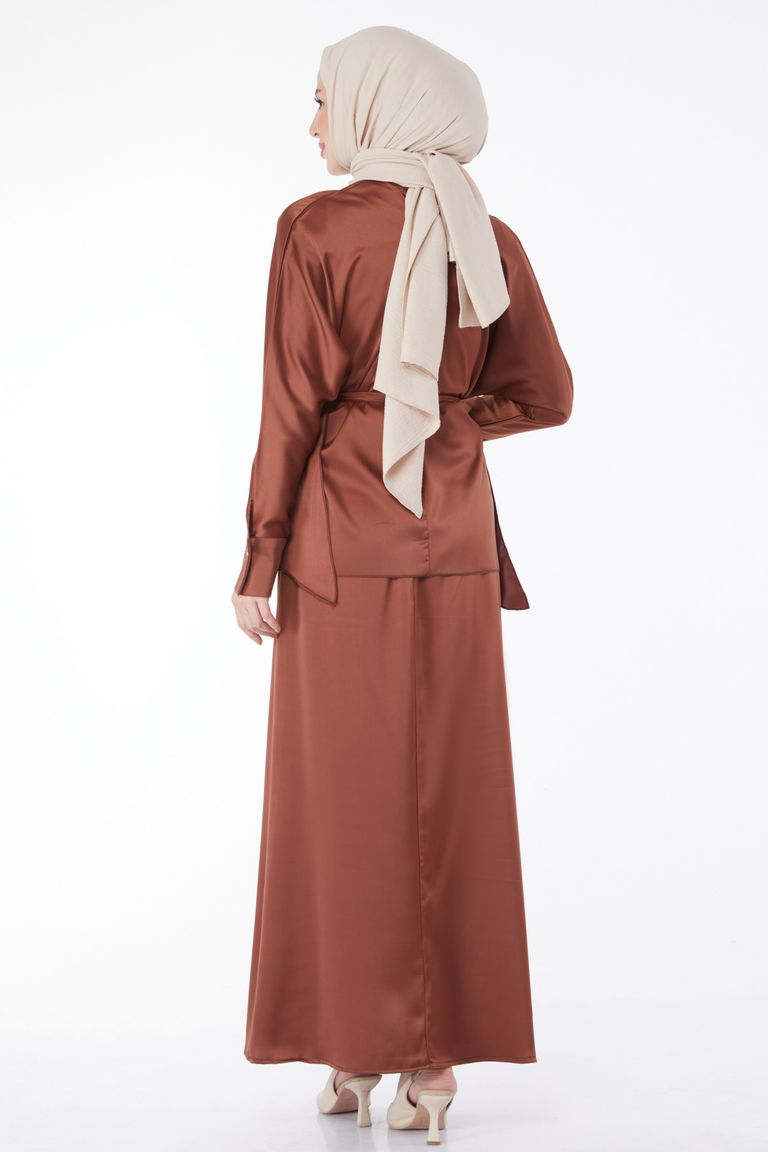 Düz Bisiklet Yaka Kadın Kahve Yırtmaç Ve Bağcık Detaylı İkili Takım - 24999 - TOFİSA