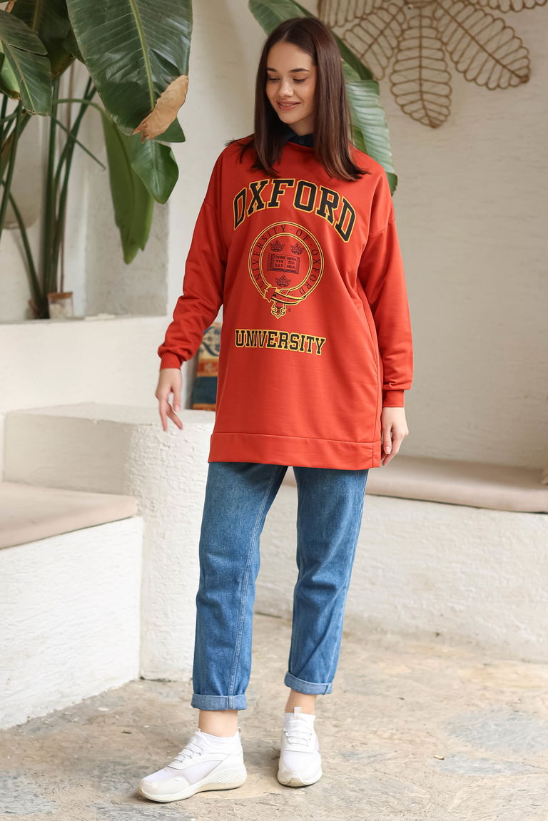 Baskılı Sweatshirt Kiremit - 13281 - TOFİSA