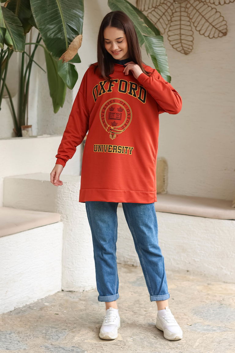 Baskılı Sweatshirt Kiremit - 13281 - TOFİSA