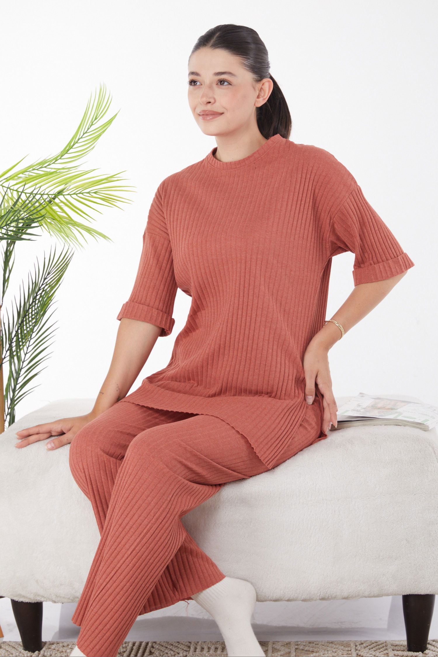 Düz Bisiklet Yaka Kadın Kiremit Bislet Yaka Kısa Kollu Pijama Takımı - 24453 - 2
