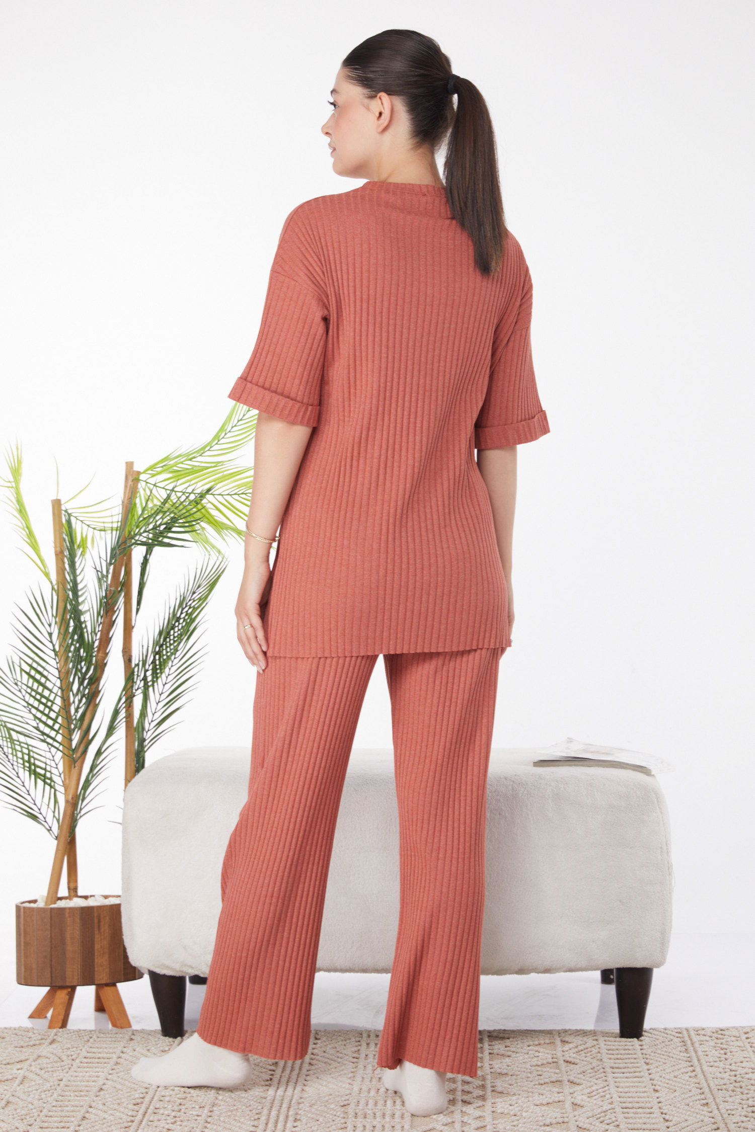 Düz Bisiklet Yaka Kadın Kiremit Bislet Yaka Kısa Kollu Pijama Takımı - 24453 - 5