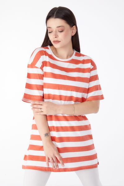 Düz Bisiklet Yaka Kadın Kiremit Çizgili T-Shirt - 25304 