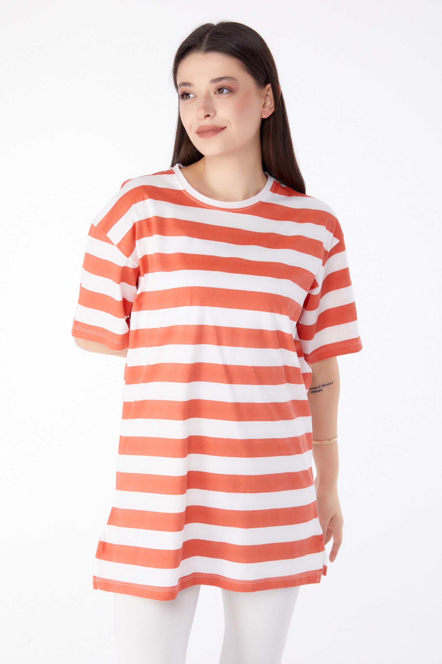 Düz Bisiklet Yaka Kadın Kiremit Çizgili T-Shirt - 25304 - 2