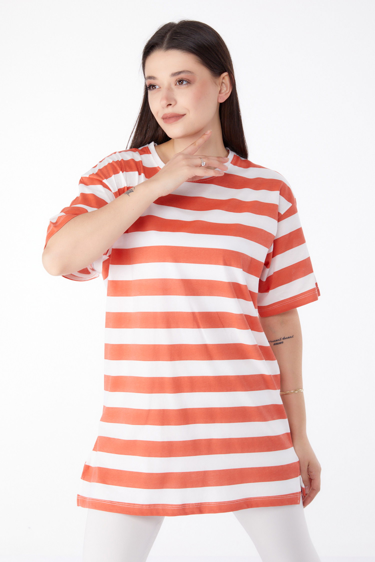 Düz Bisiklet Yaka Kadın Kiremit Çizgili T-Shirt - 25304 - 3