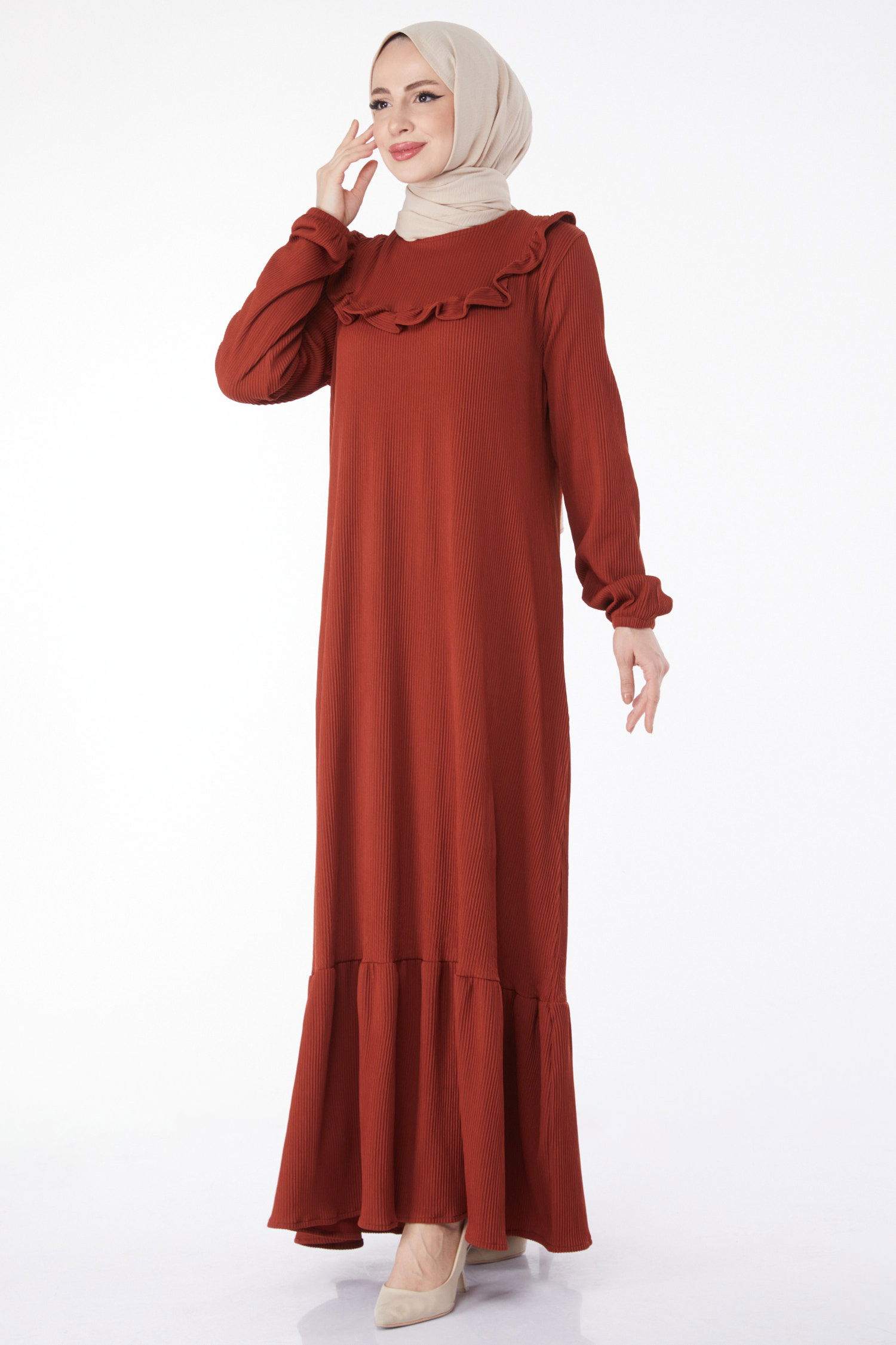 Düz Bisiklet Yaka Kadın Kiremit Fırfırlı Elbise - 25056 - 2