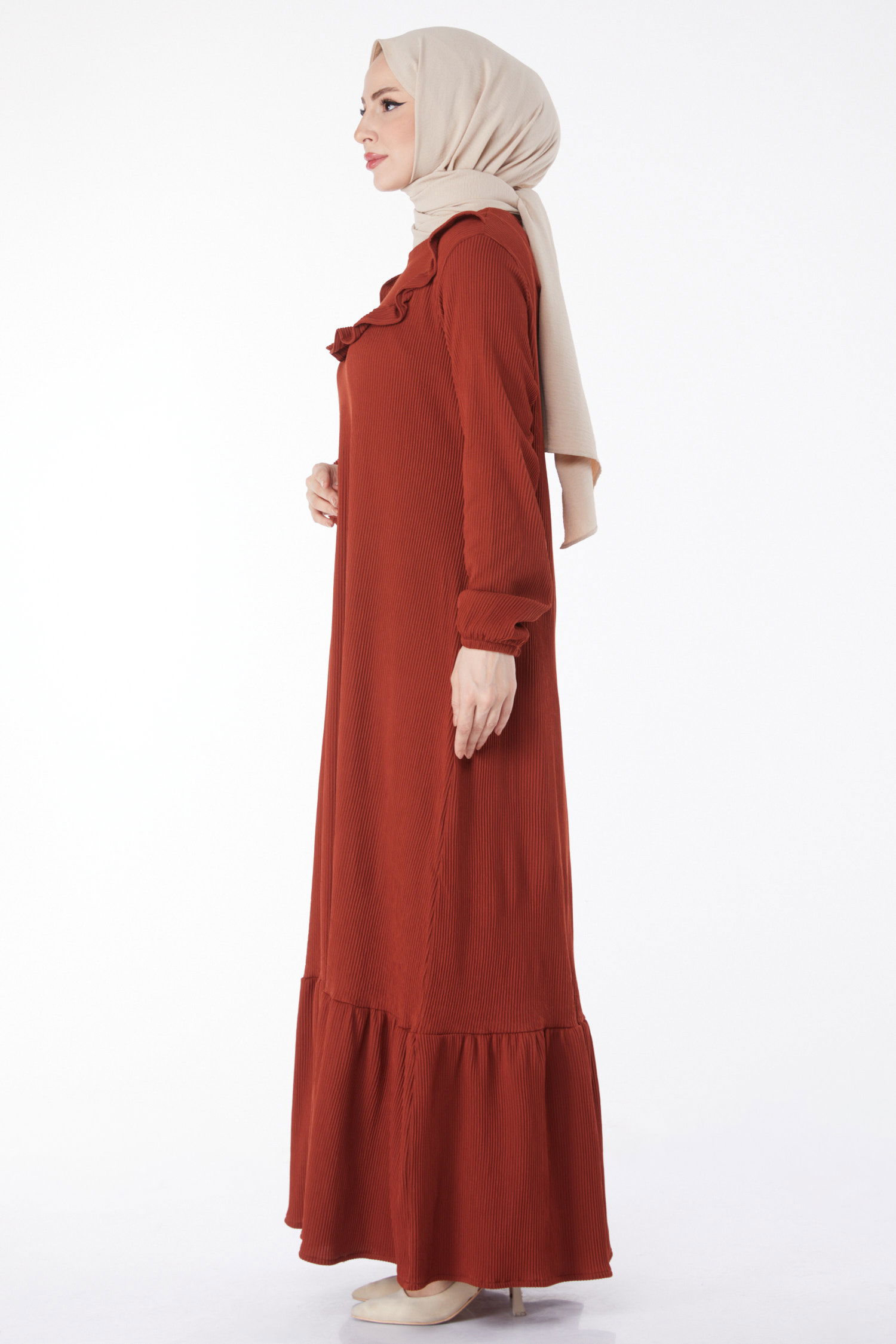 Düz Bisiklet Yaka Kadın Kiremit Fırfırlı Elbise - 25056 - 3