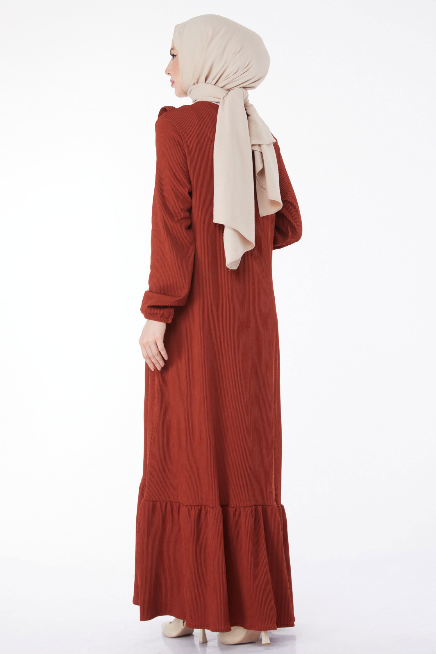 Düz Bisiklet Yaka Kadın Kiremit Fırfırlı Elbise - 25056 - 4