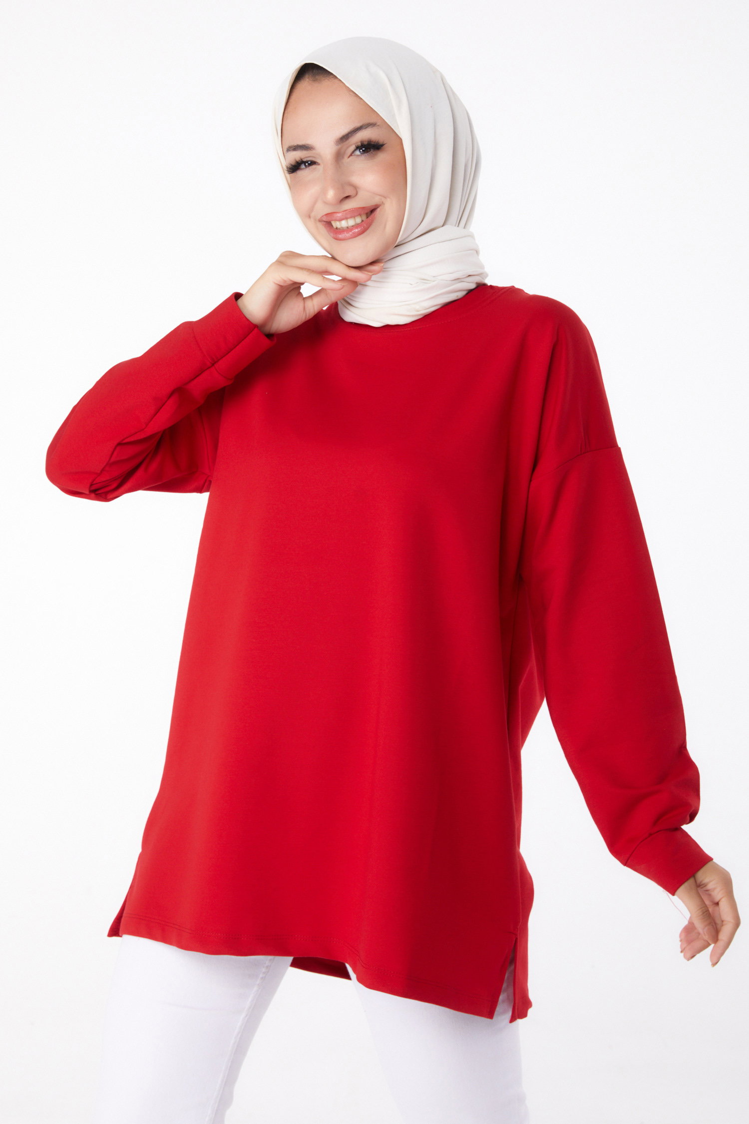 Düz Bisiklet Yaka Kadın Kirmizi Baskılı Sweat - 26239 - 1