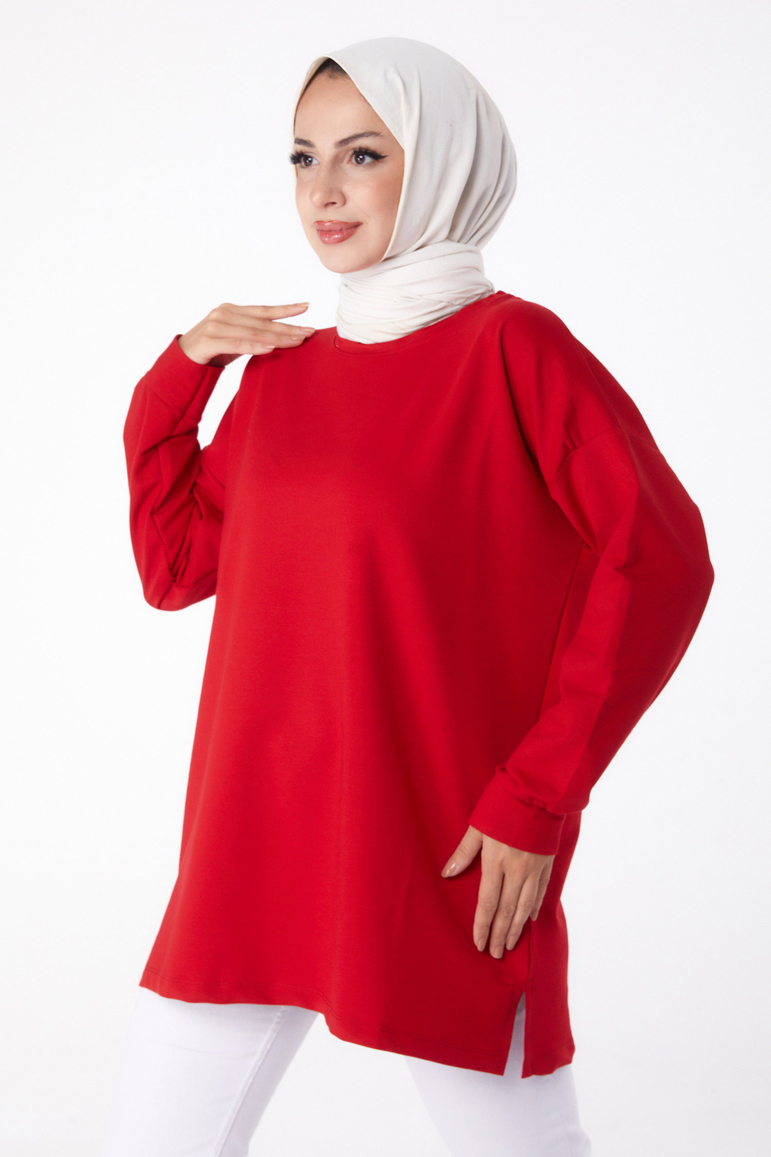 Düz Bisiklet Yaka Kadın Kirmizi Baskılı Sweat - 26239 - 2