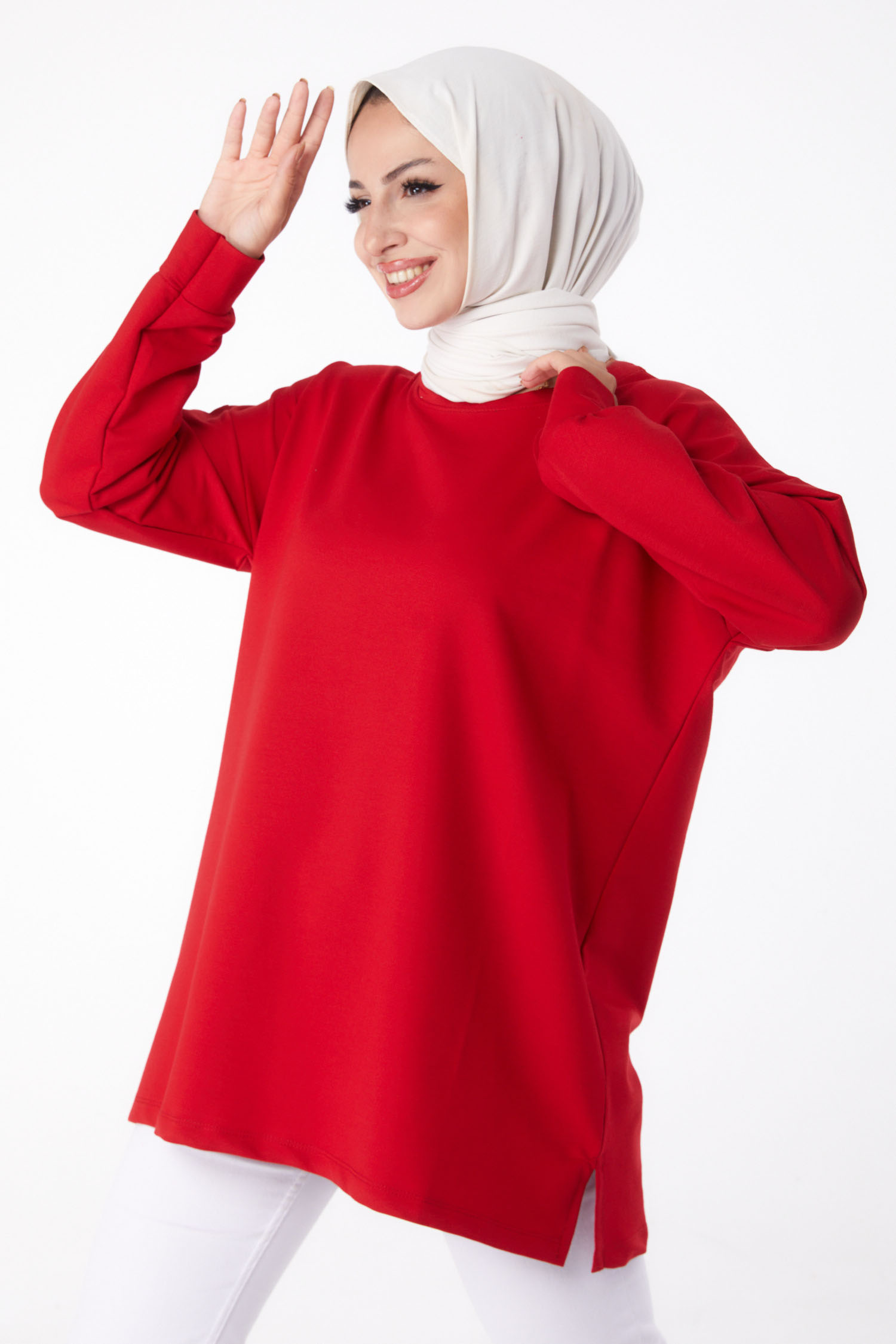 Düz Bisiklet Yaka Kadın Kirmizi Baskılı Sweat - 26239 - 3