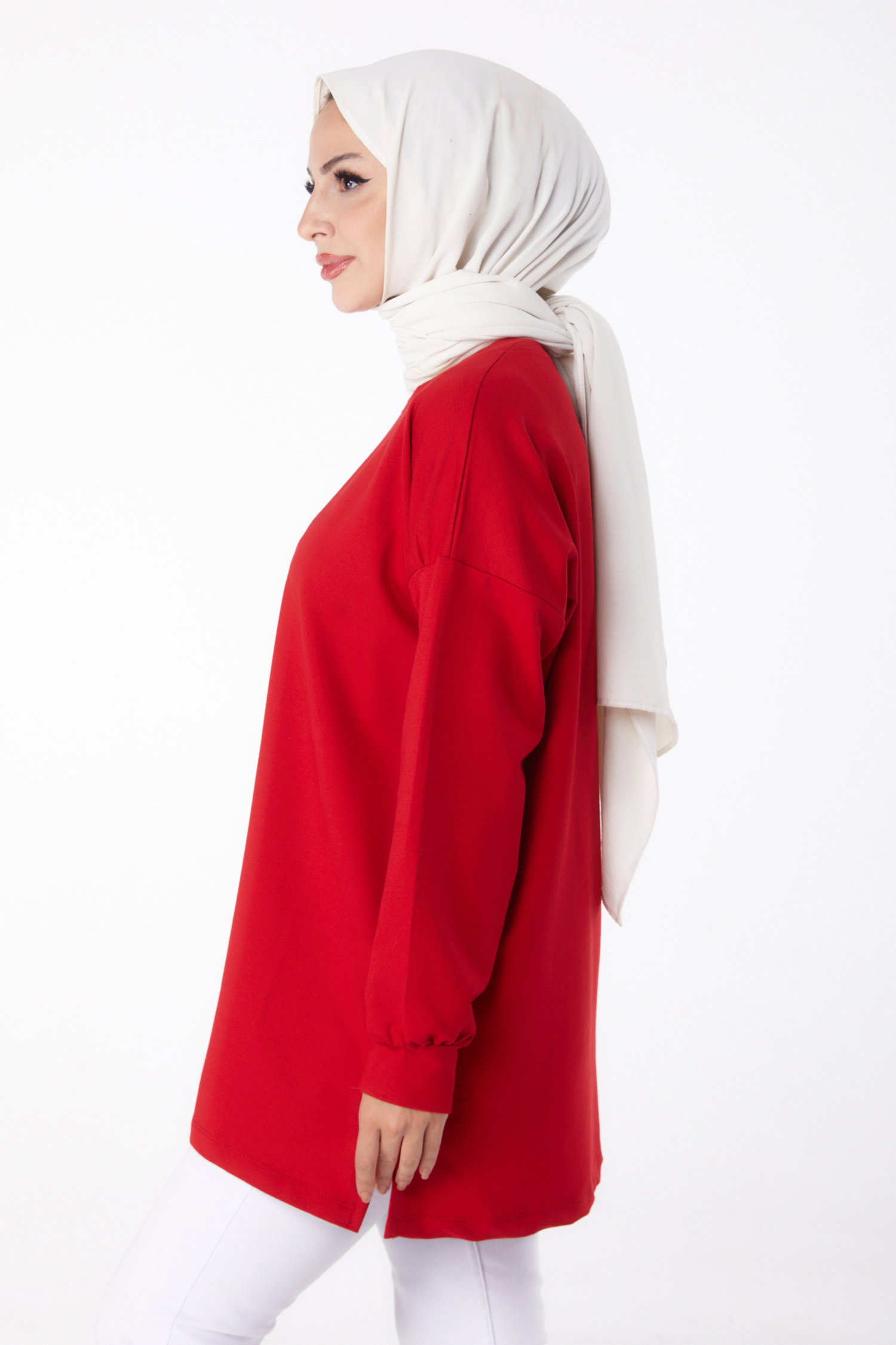 Düz Bisiklet Yaka Kadın Kirmizi Baskılı Sweat - 26239 - 8