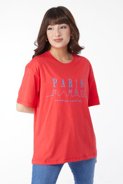 Baskılı T-shirt Kirmizi - 25170 
