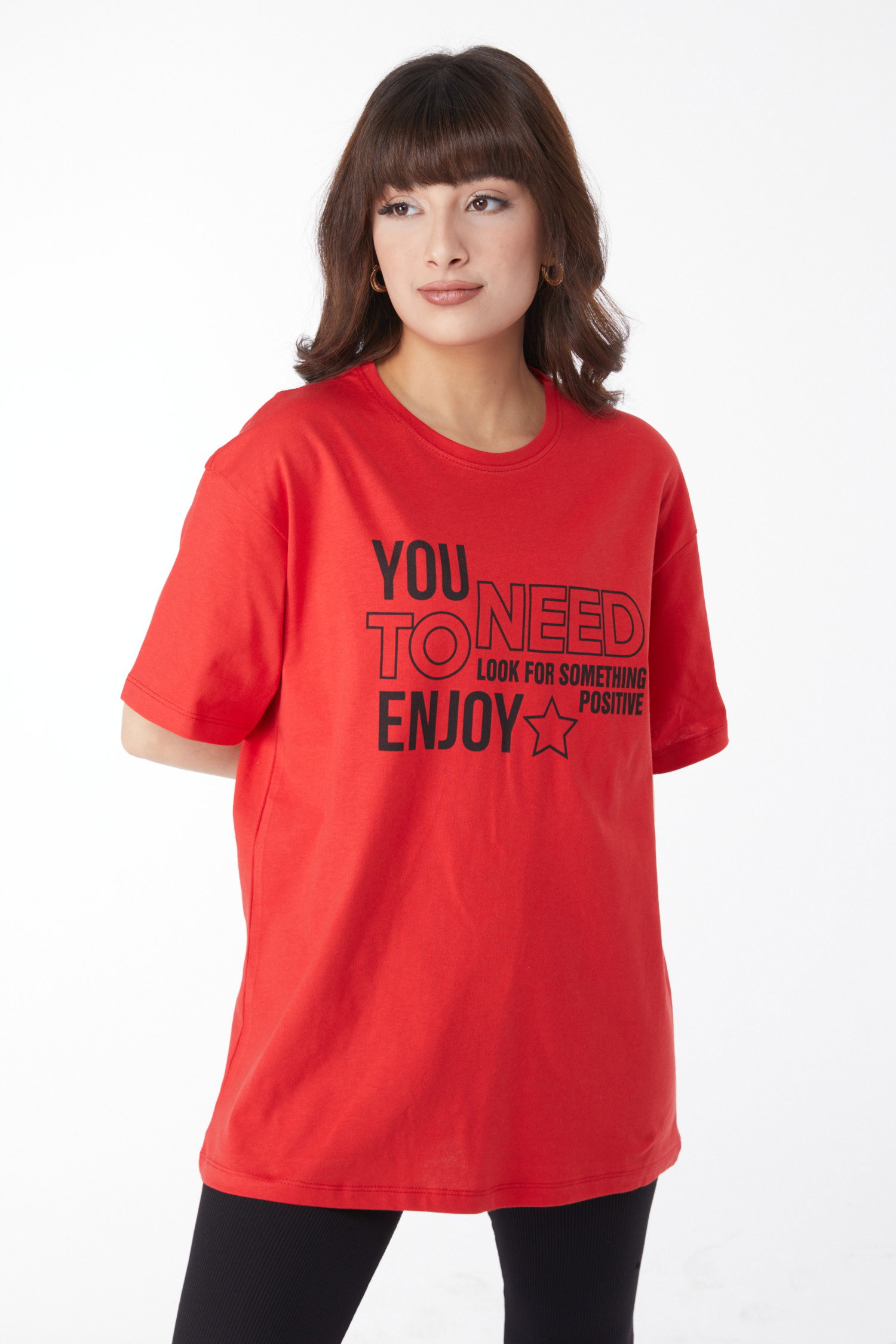 Düz Bisiklet Yaka Kadın Kirmizi Baskılı T-shirt - 25175 - 1