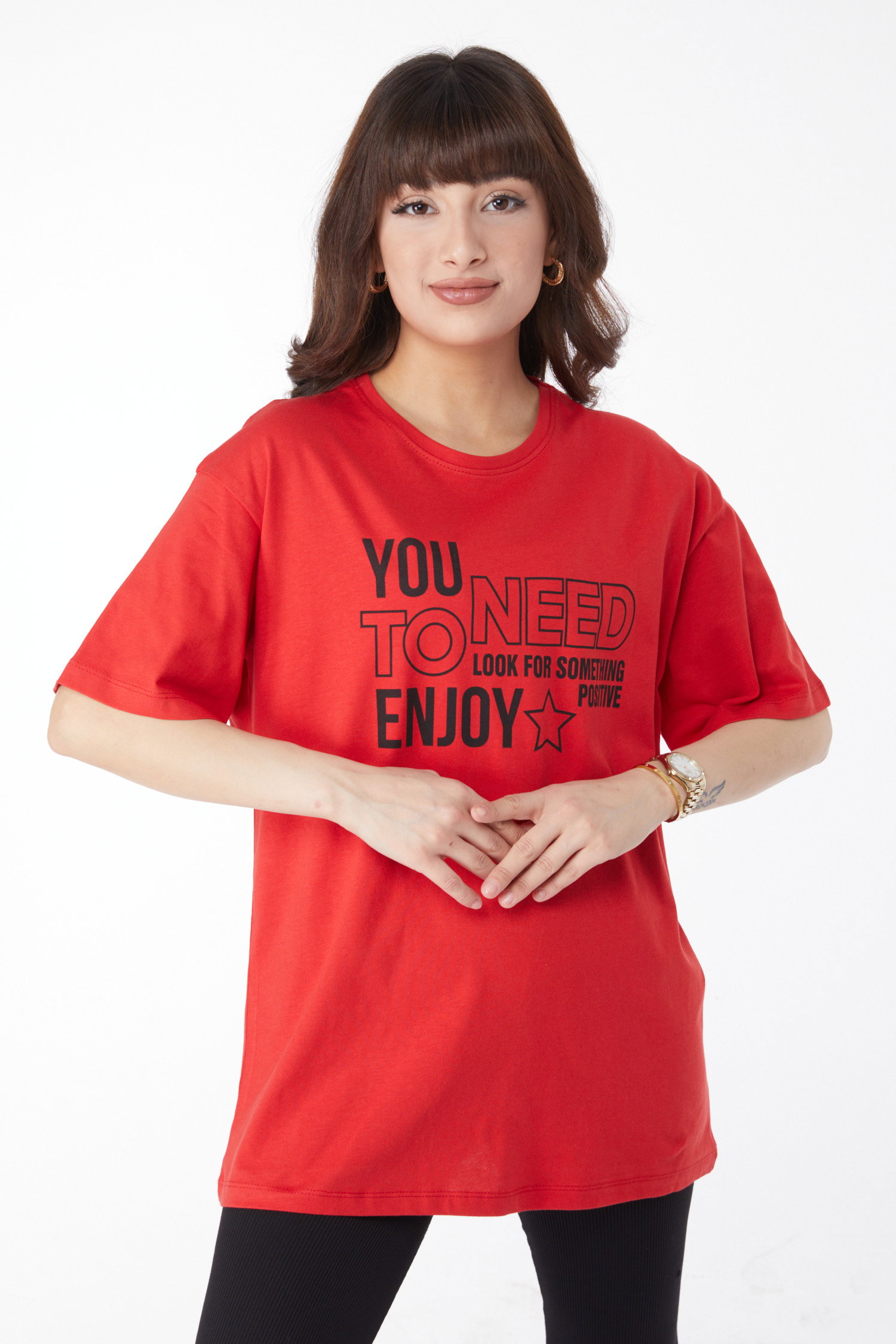 Düz Bisiklet Yaka Kadın Kirmizi Baskılı T-shirt - 25175 - 2