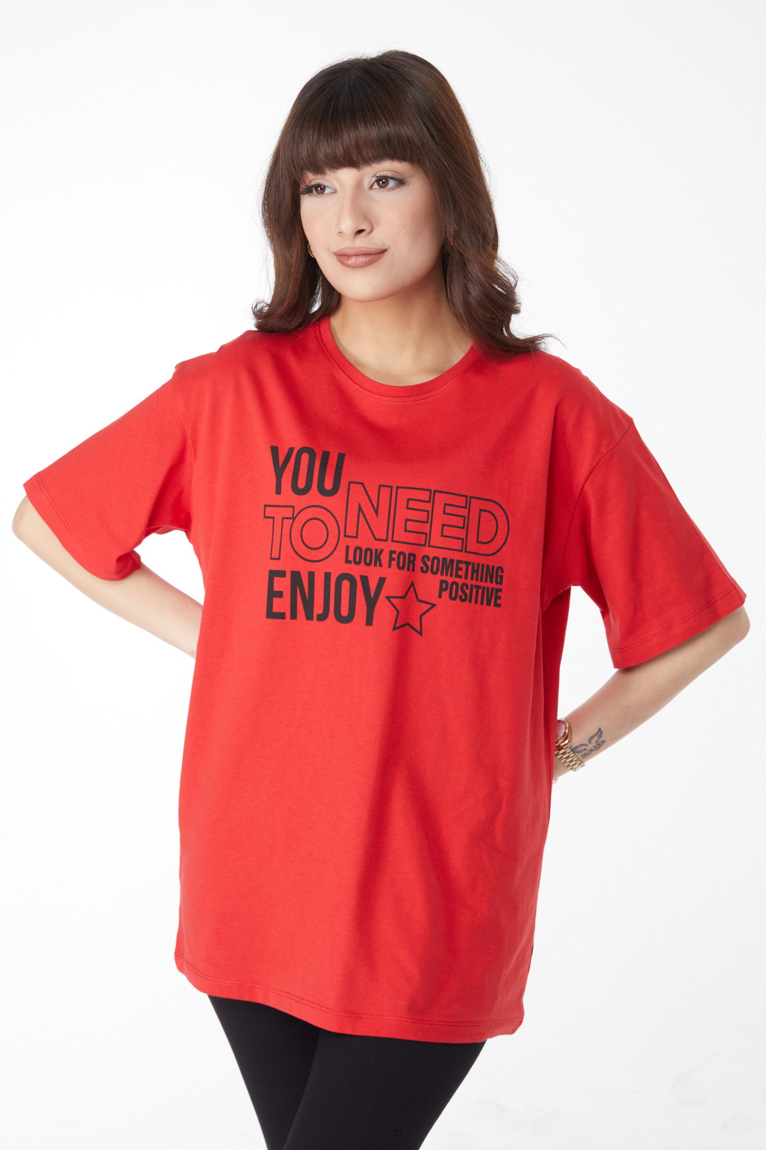 Düz Bisiklet Yaka Kadın Kirmizi Baskılı T-shirt - 25175 - 3