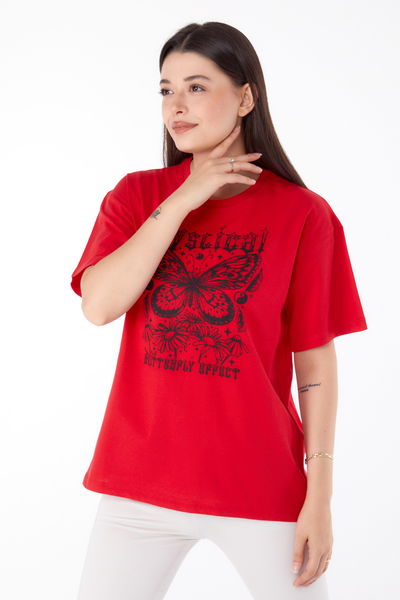 Düz Bisiklet Yaka Kadın Kirmizi Baskılı T-shirt - 25695 