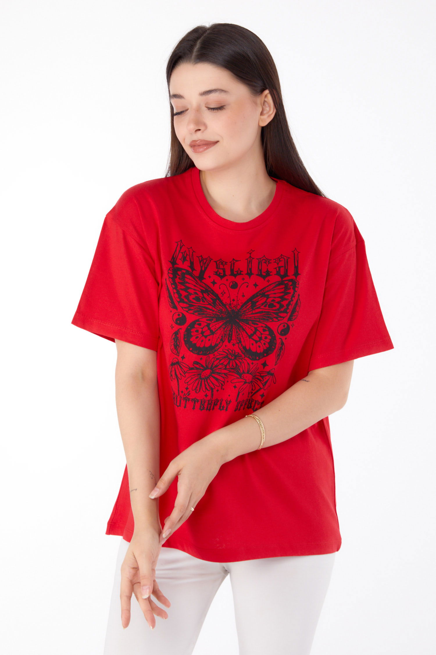 Düz Bisiklet Yaka Kadın Kirmizi Baskılı T-shirt - 25695 - 3