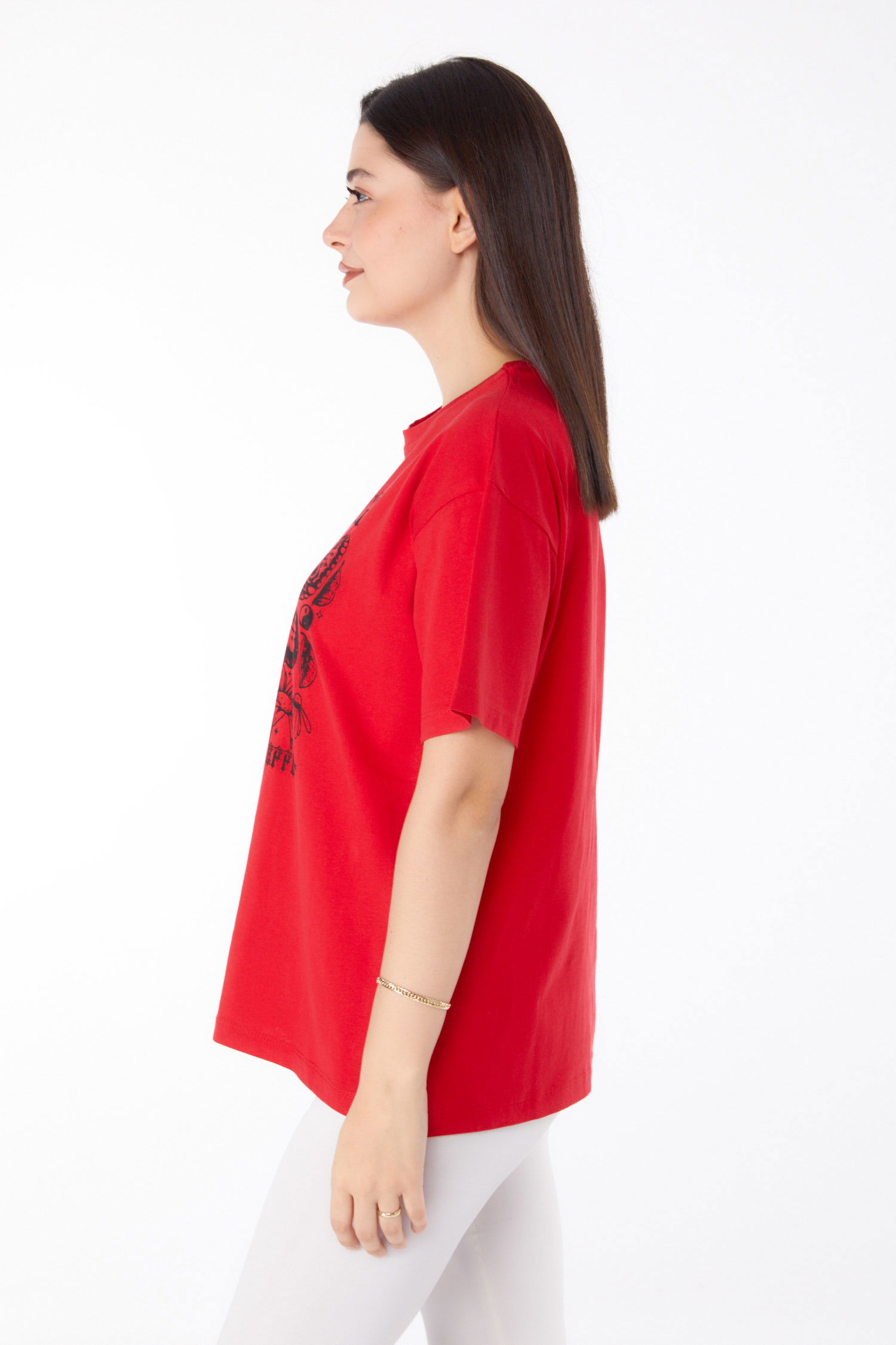 Düz Bisiklet Yaka Kadın Kirmizi Baskılı T-shirt - 25695 - 4