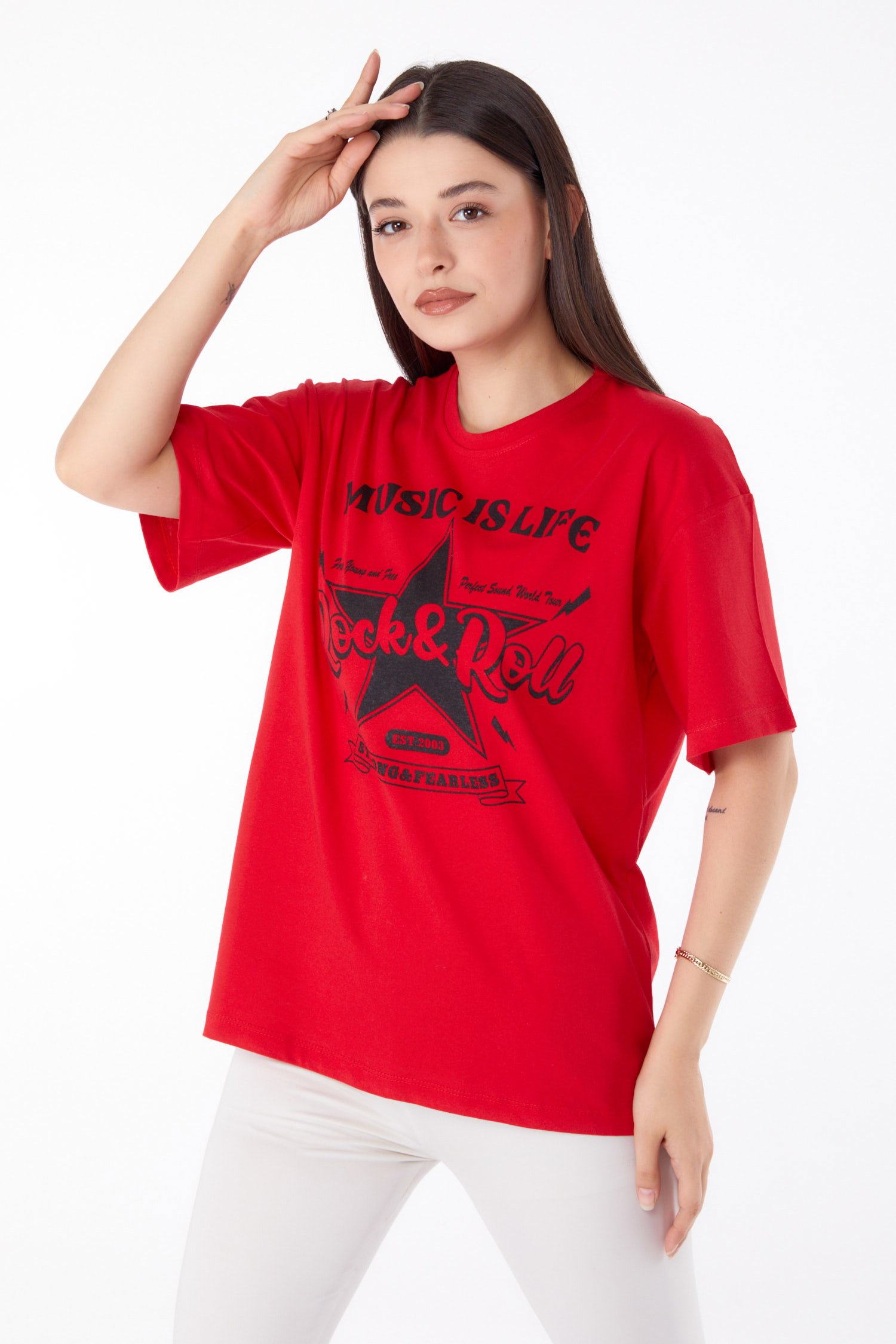 Baskılı T-shirt Kirmizi - 25700 - 2