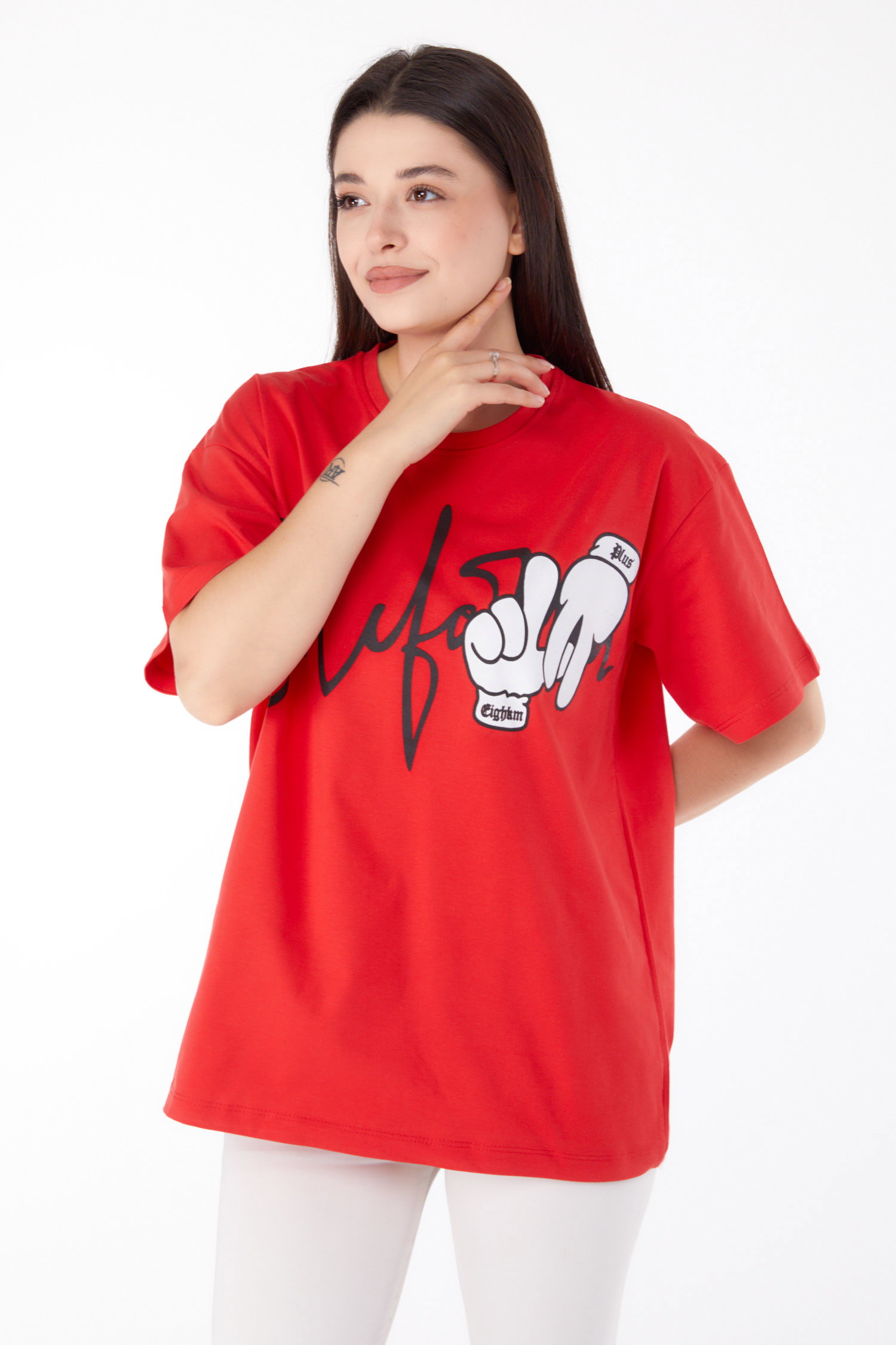 Düz Bisiklet Yaka Kadın Kirmizi Baskılı T-shirt - 25702 - 1