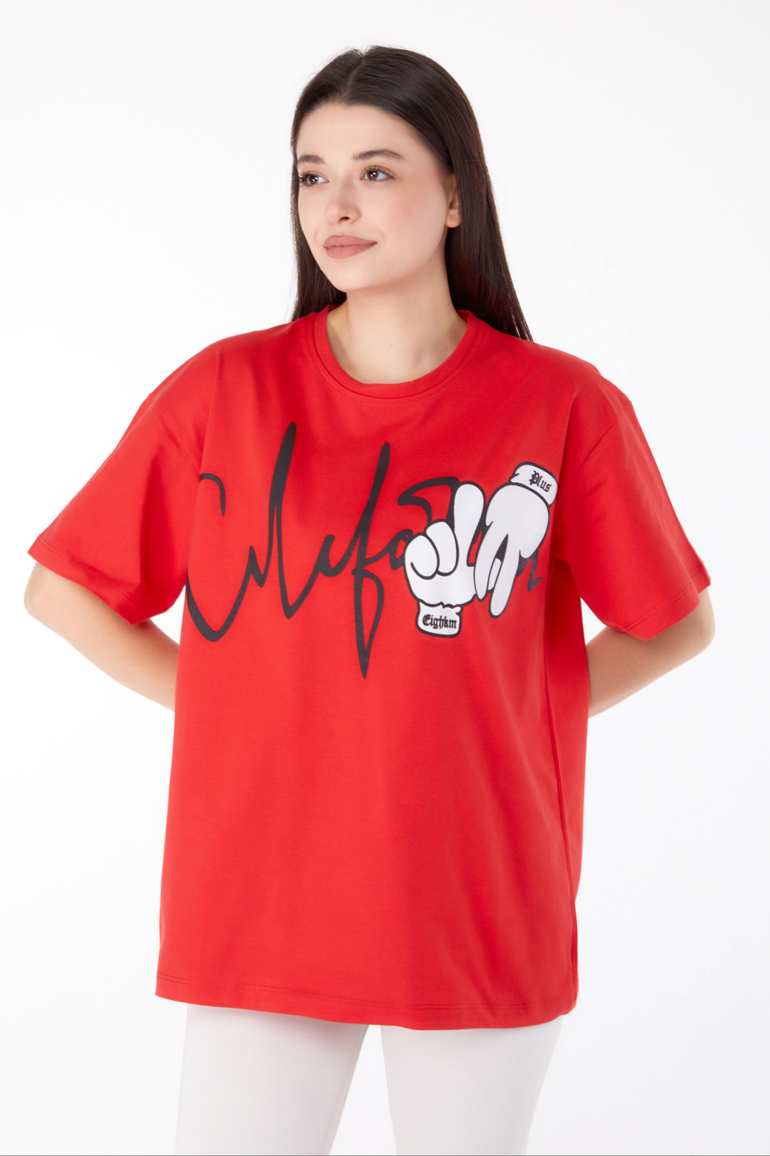Düz Bisiklet Yaka Kadın Kirmizi Baskılı T-shirt - 25702 - 2