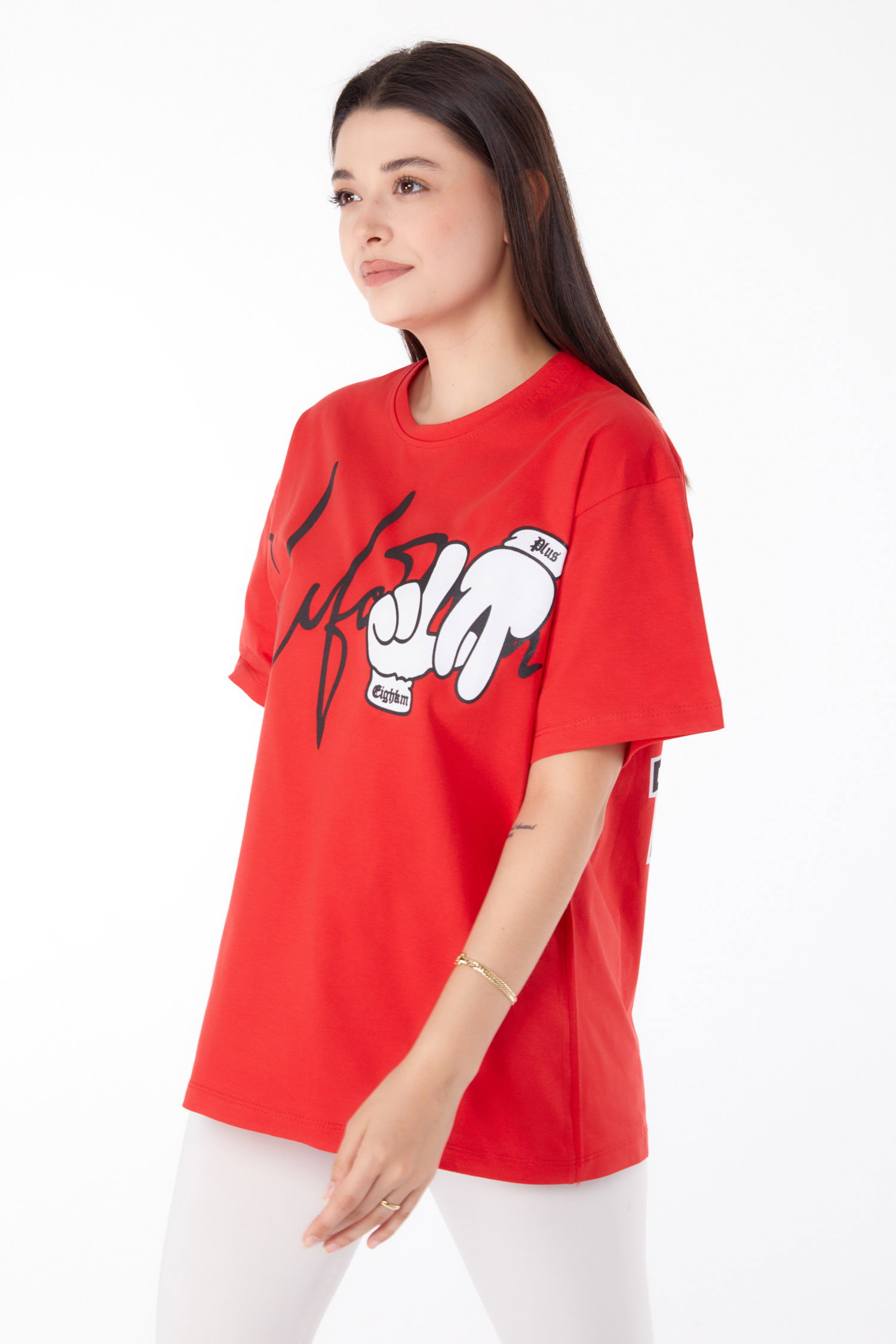 Düz Bisiklet Yaka Kadın Kirmizi Baskılı T-shirt - 25702 - 3