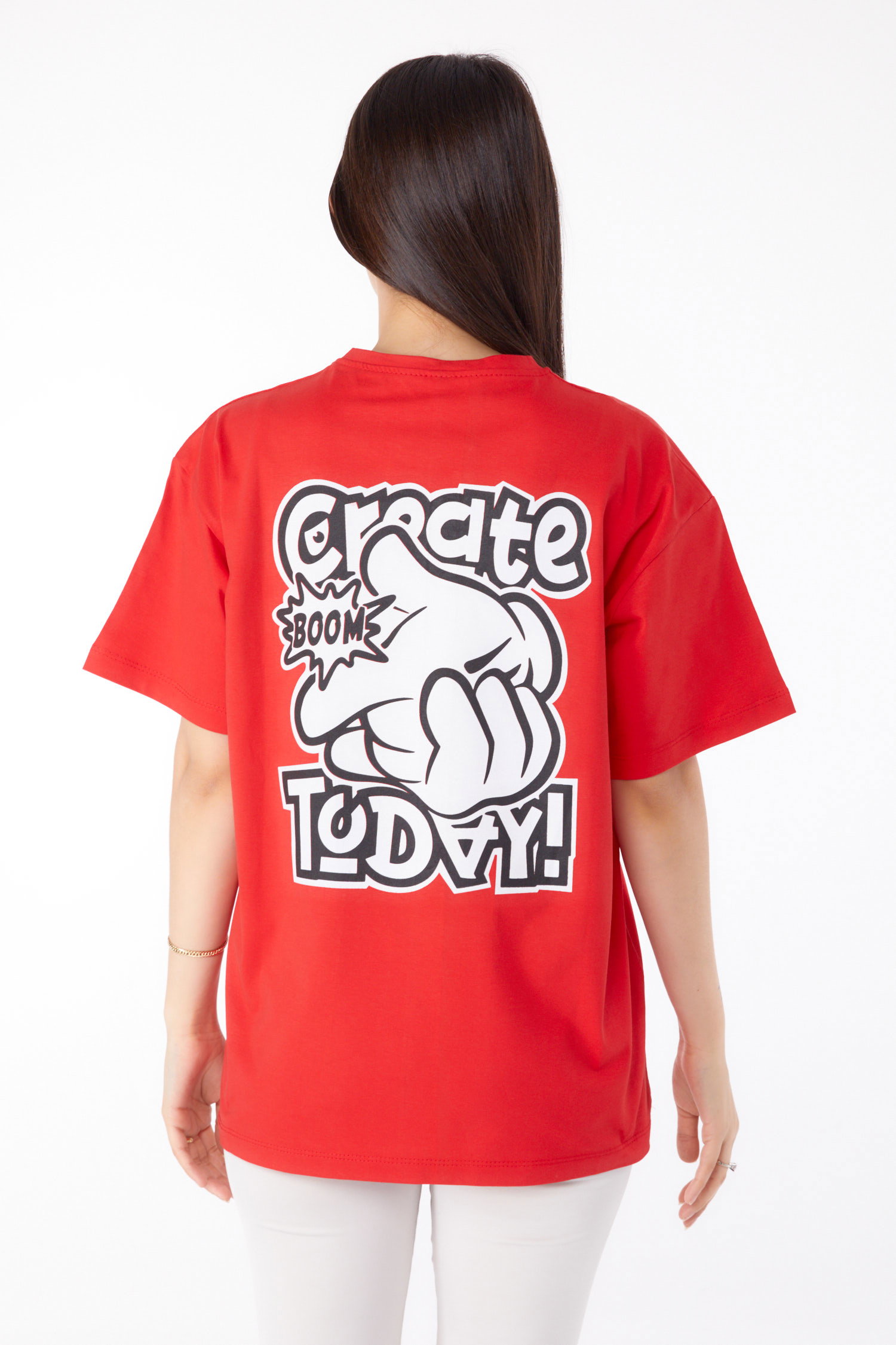 Düz Bisiklet Yaka Kadın Kirmizi Baskılı T-shirt - 25702 - 5