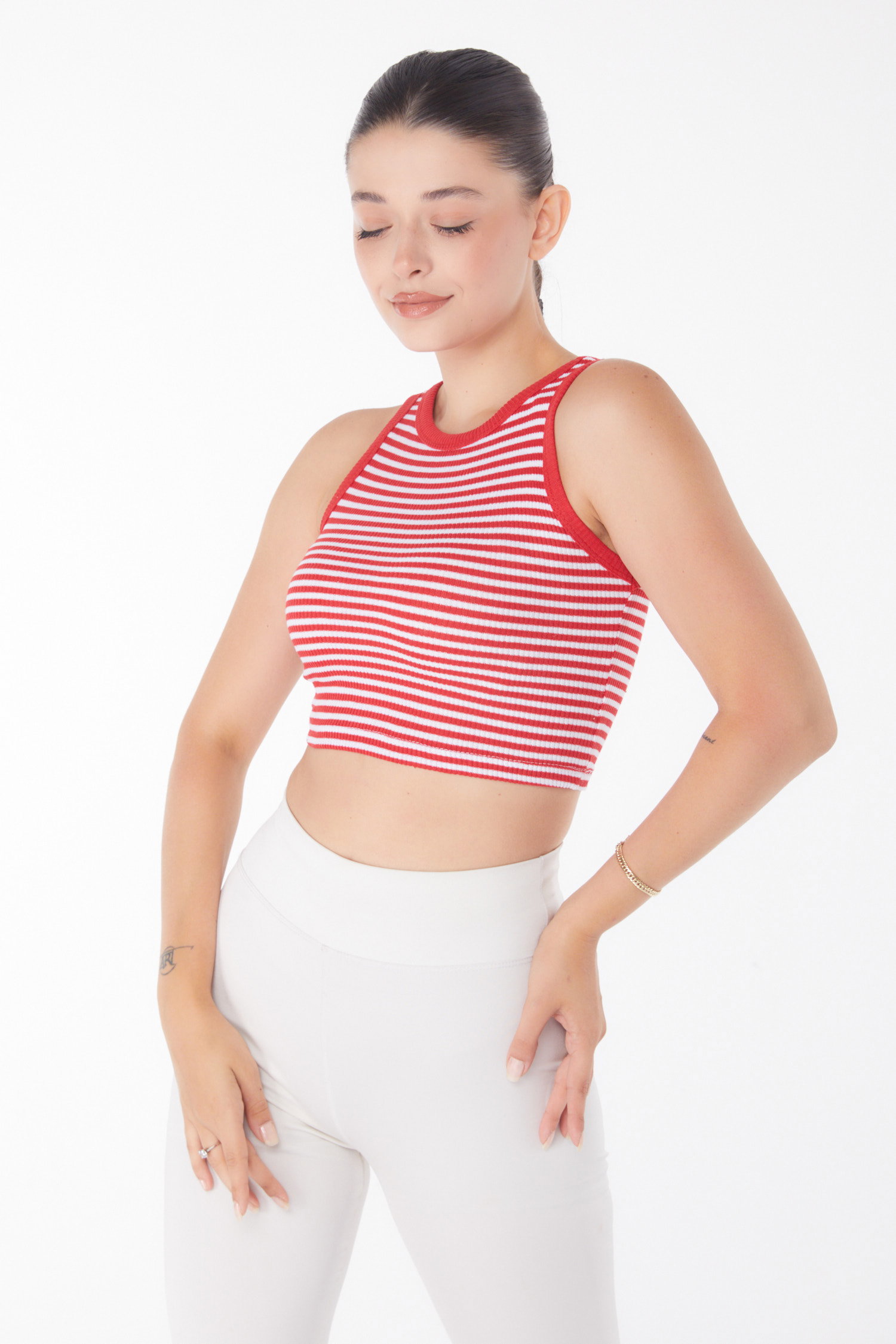 Düz Bisiklet Yaka Kadın Kirmizi Çizgili Crop - 25958 - 1