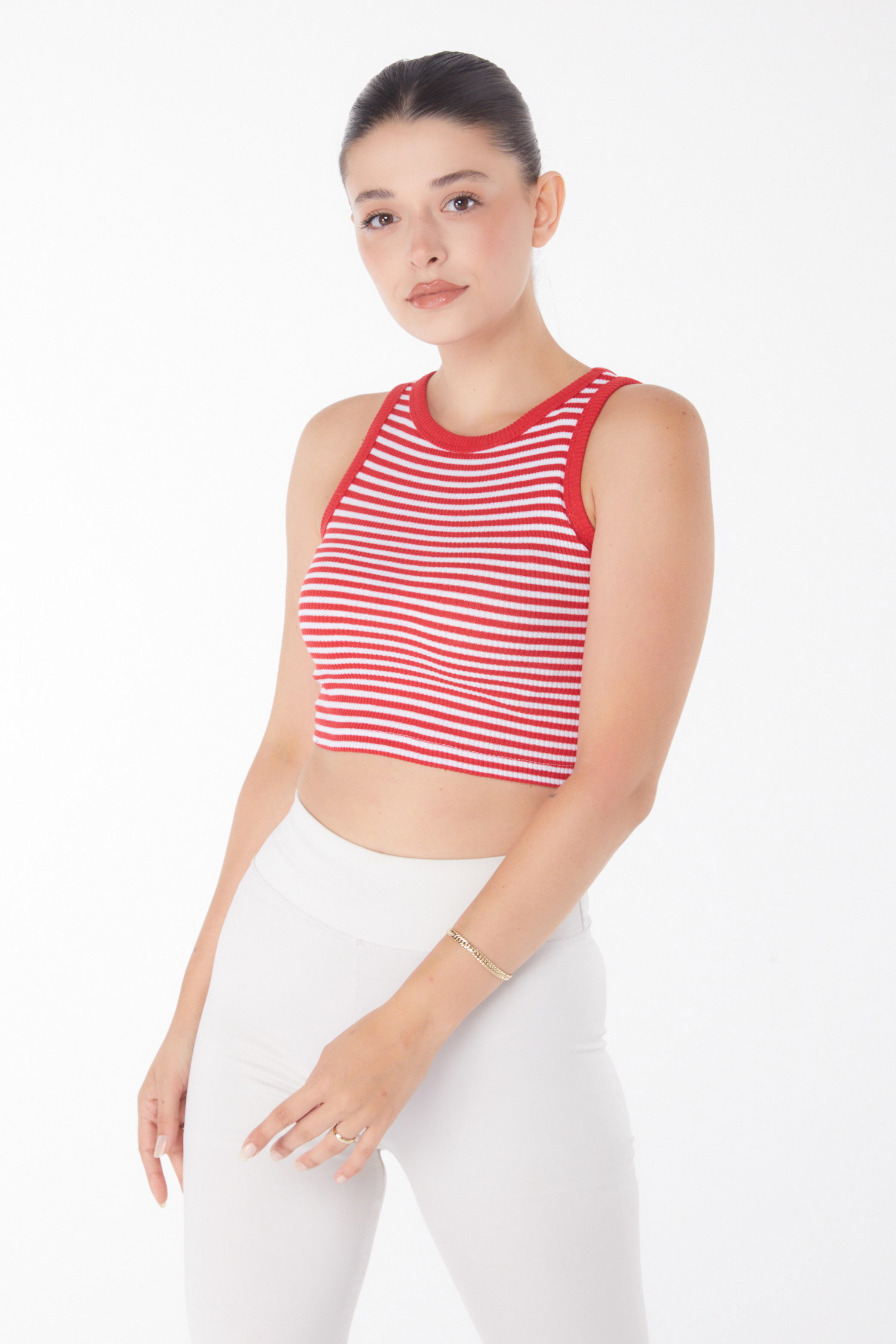 Düz Bisiklet Yaka Kadın Kirmizi Çizgili Crop - 25958 - 3