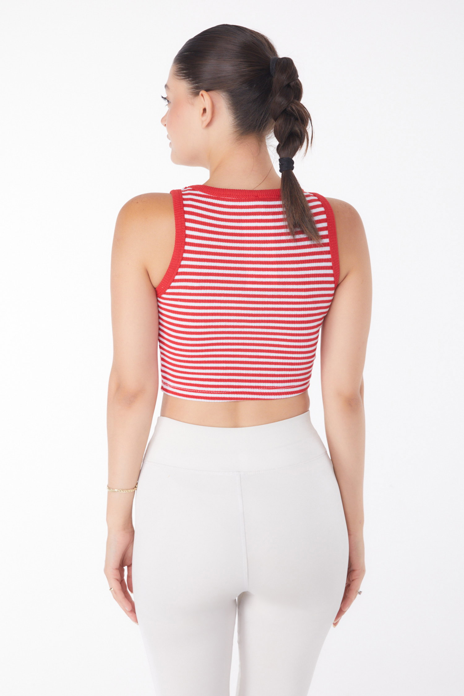 Düz Bisiklet Yaka Kadın Kirmizi Çizgili Crop - 25958 - 5