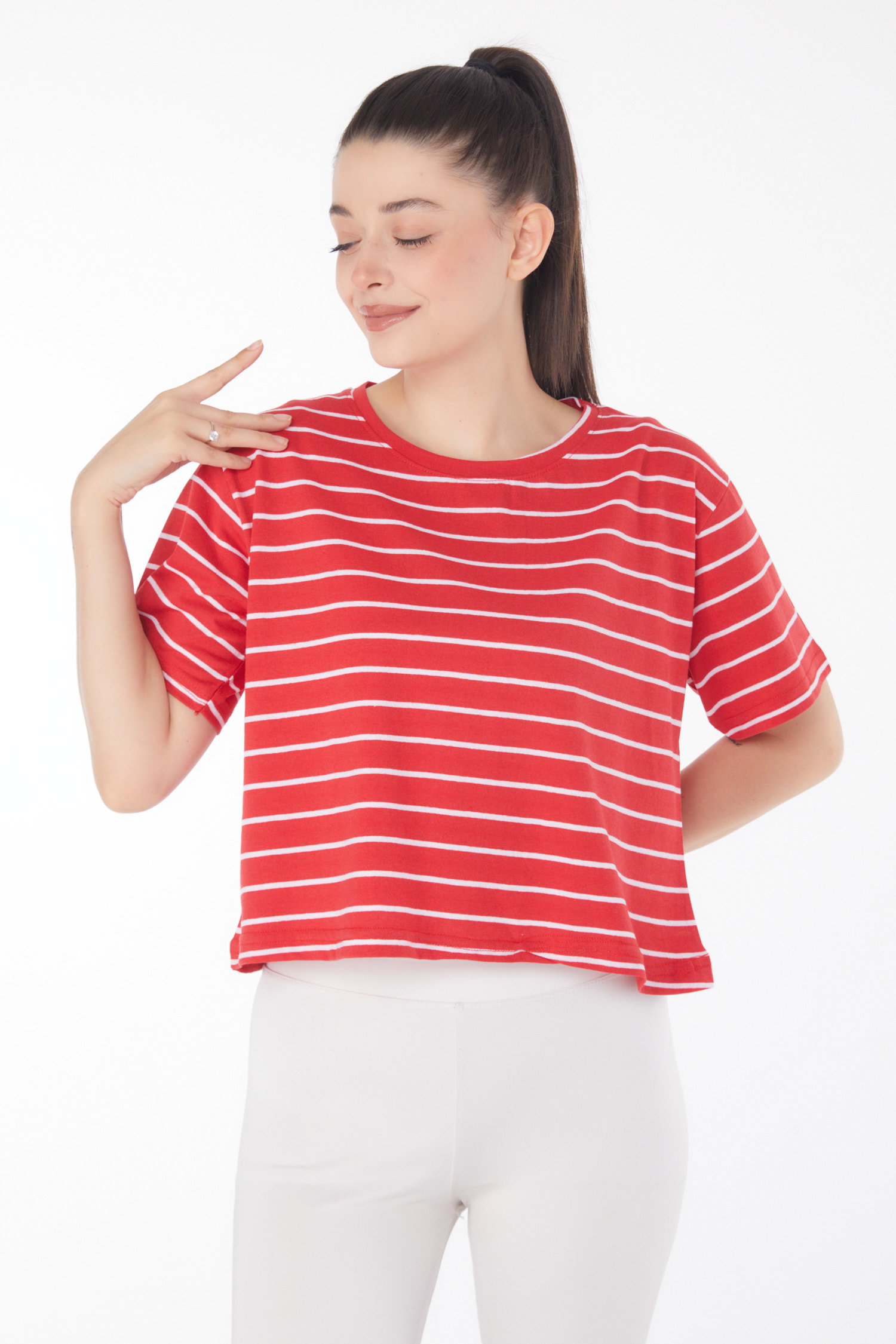 Çizgili Kısa Kollu Crop Kirmizi - 25842 - 1