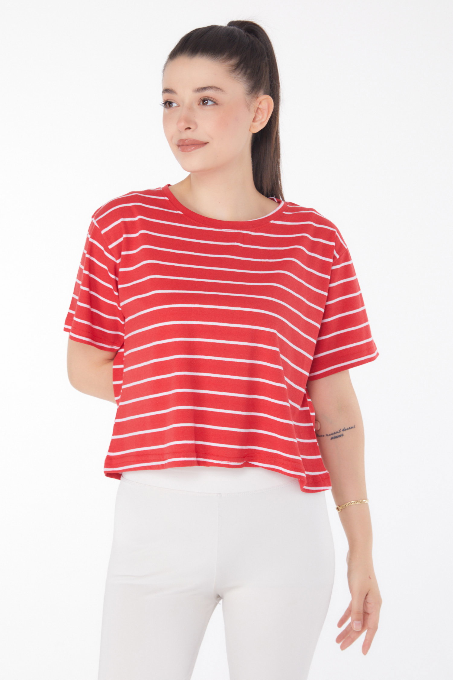 Çizgili Kısa Kollu Crop Kirmizi - 25842 - 2