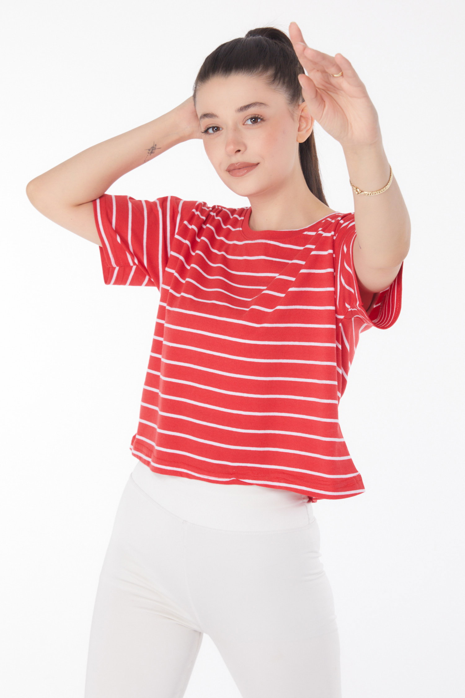 Çizgili Kısa Kollu Crop Kirmizi - 25842 - 3