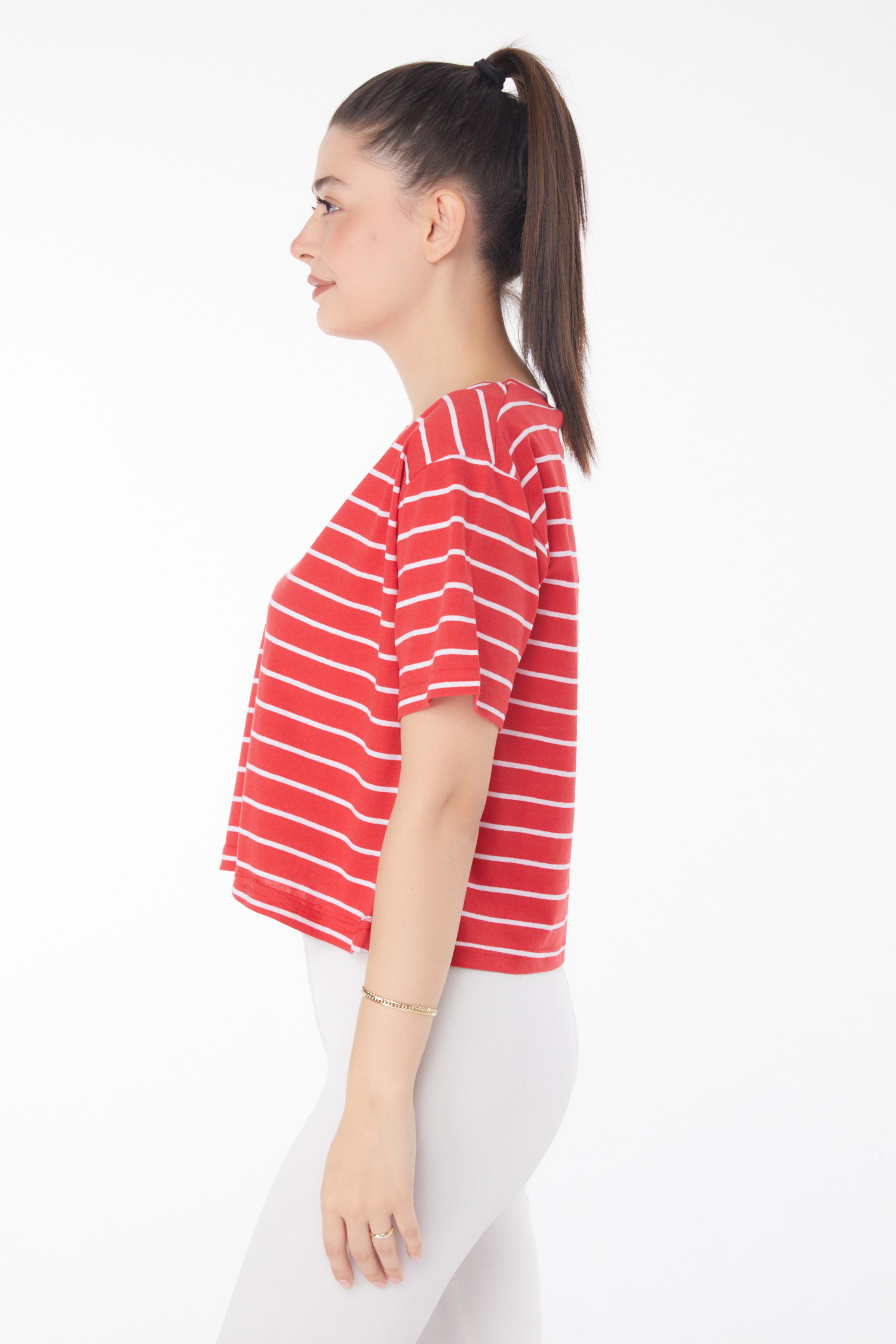 Çizgili Kısa Kollu Crop Kirmizi - 25842 - 4