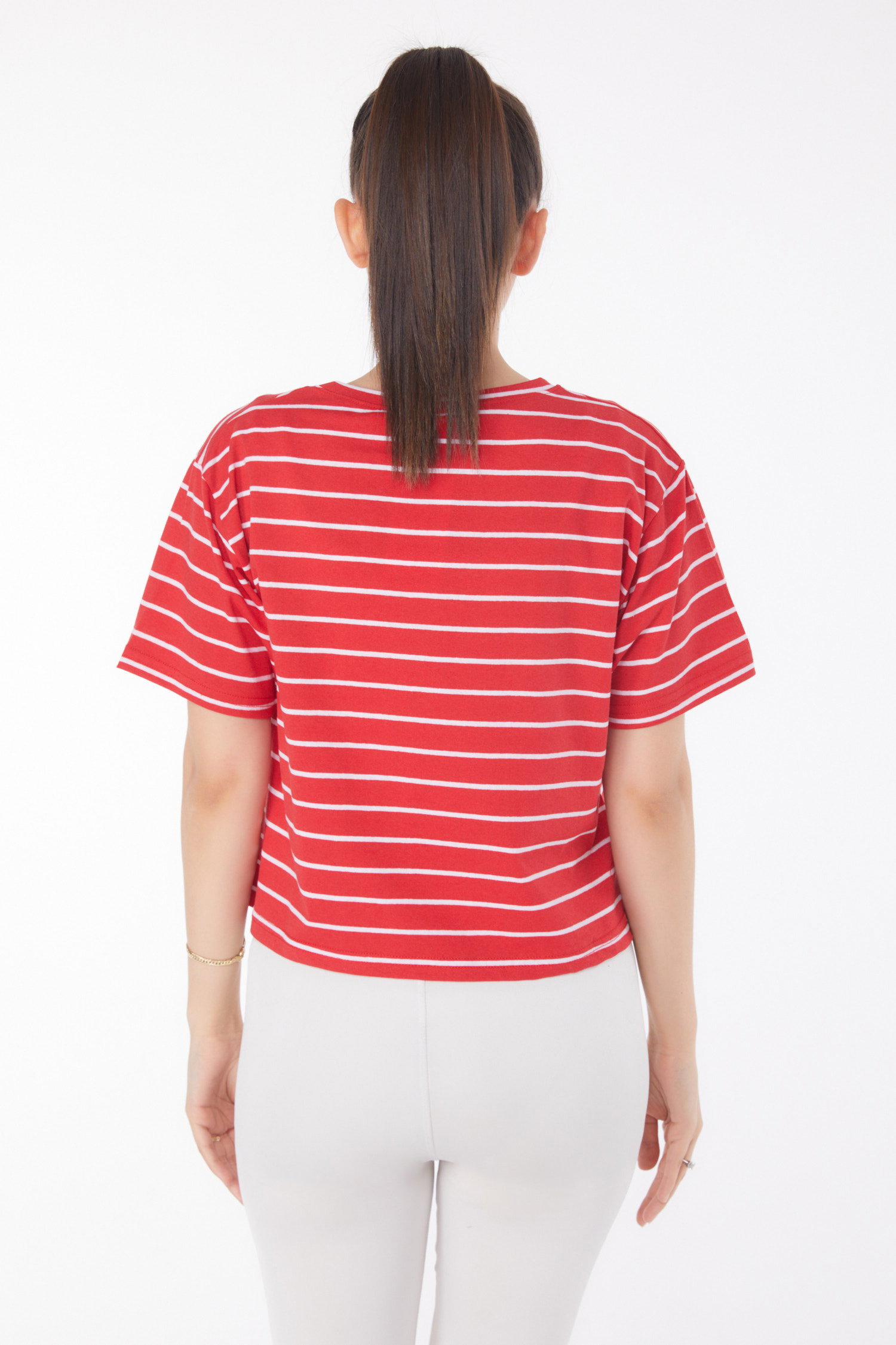 Çizgili Kısa Kollu Crop Kirmizi - 25842 - 5