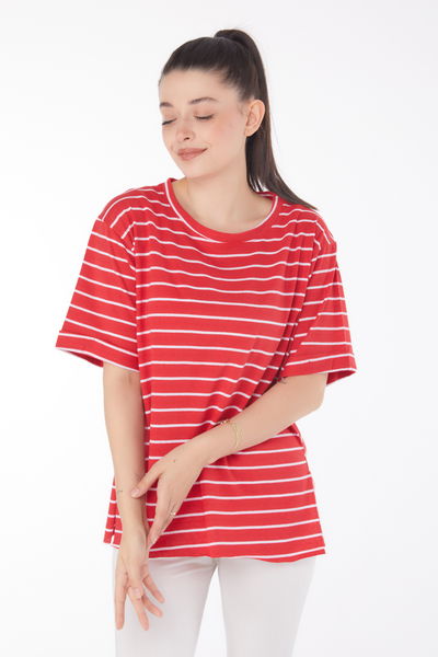 Düz Bisiklet Yaka Kadın Kirmizi Çizgili Kısa Kollu T-shirt - 25840 