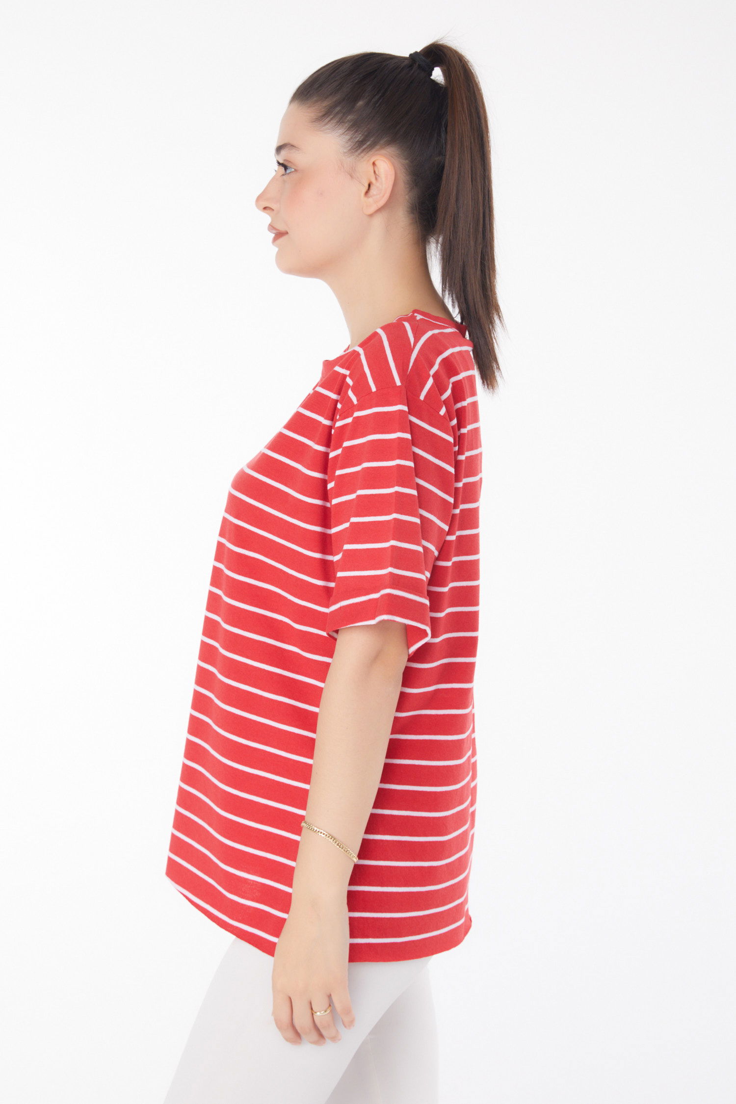 Düz Bisiklet Yaka Kadın Kirmizi Çizgili Kısa Kollu T-shirt - 25840 - 4