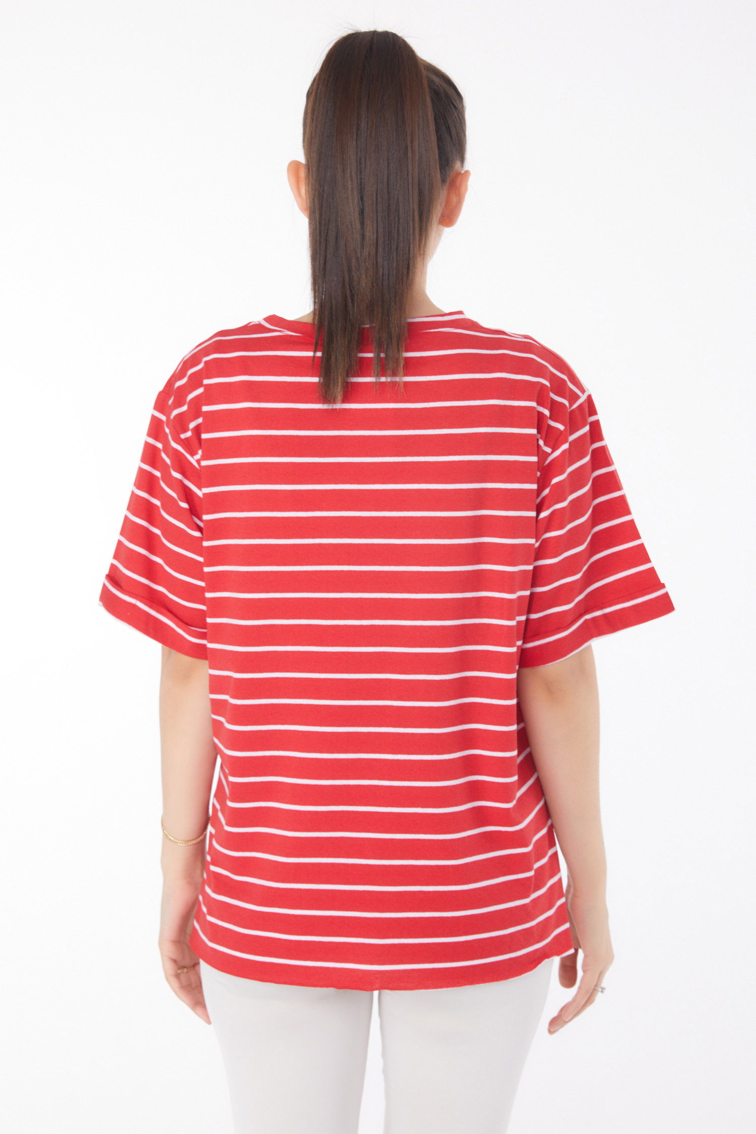 Düz Bisiklet Yaka Kadın Kirmizi Çizgili Kısa Kollu T-shirt - 25840 - 5