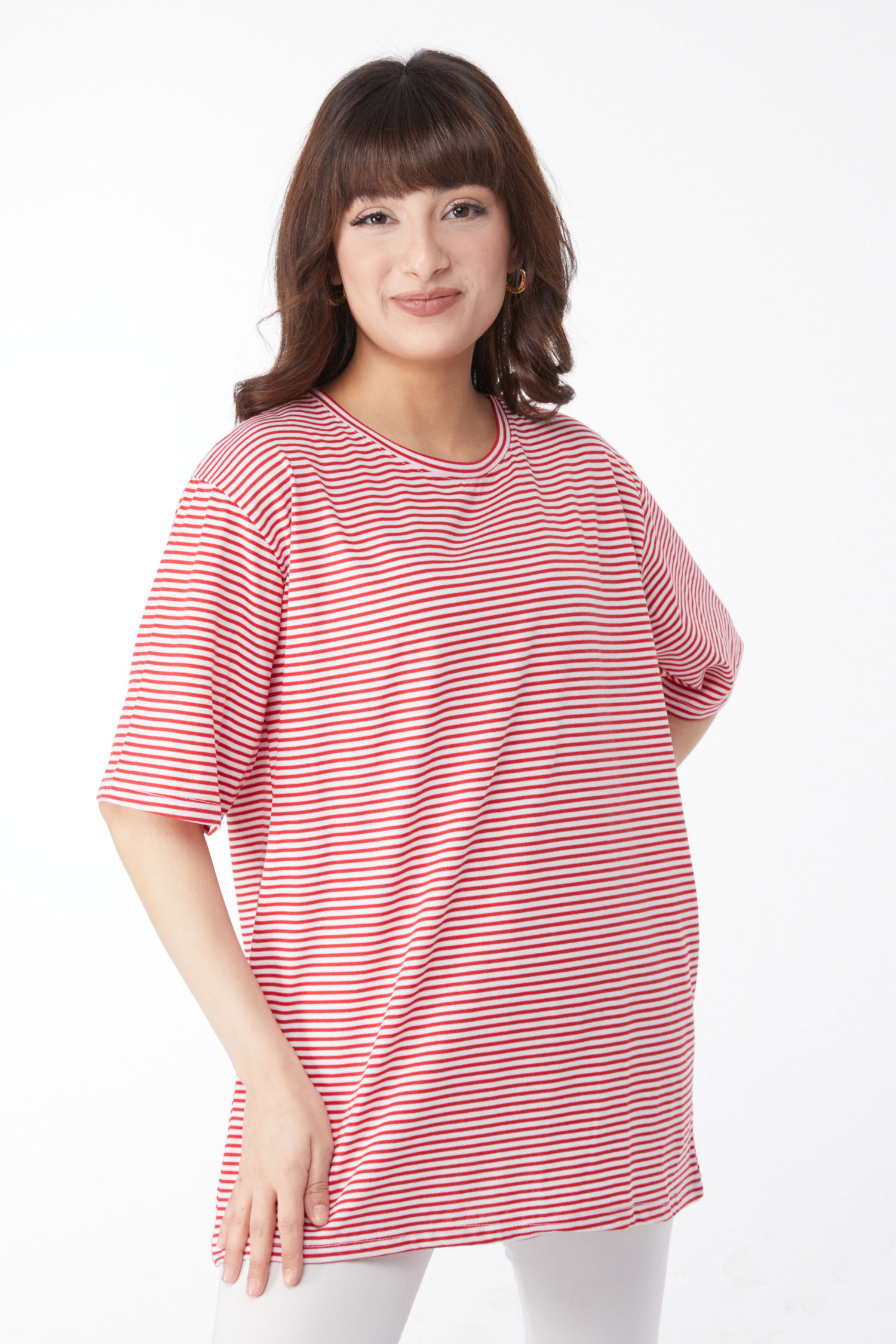 Düz Bisiklet Yaka Kadın Kirmizi Çizglİi T-short - 25119 - 1