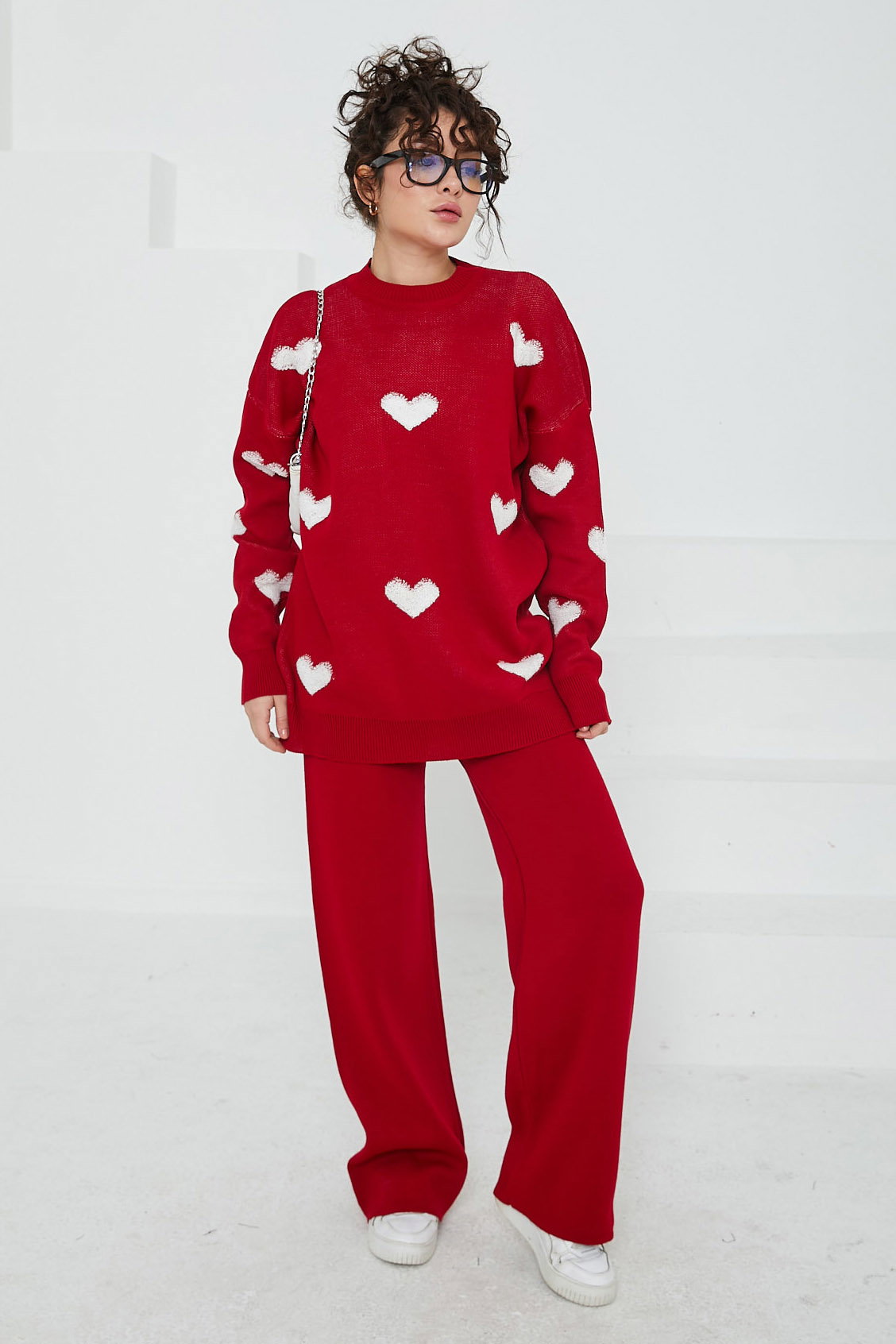 Düz Bisiklet Yaka Kadın Kirmizi Kalpli Triko Takım - 26693 - 2