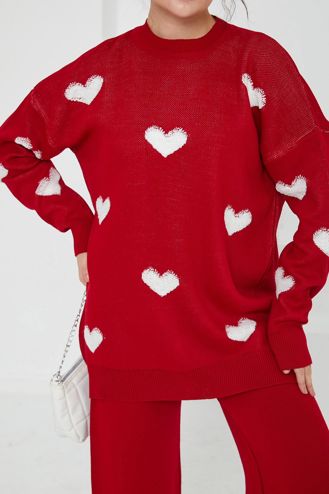 Düz Bisiklet Yaka Kadın Kirmizi Kalpli Triko Takım - 26693 - 5