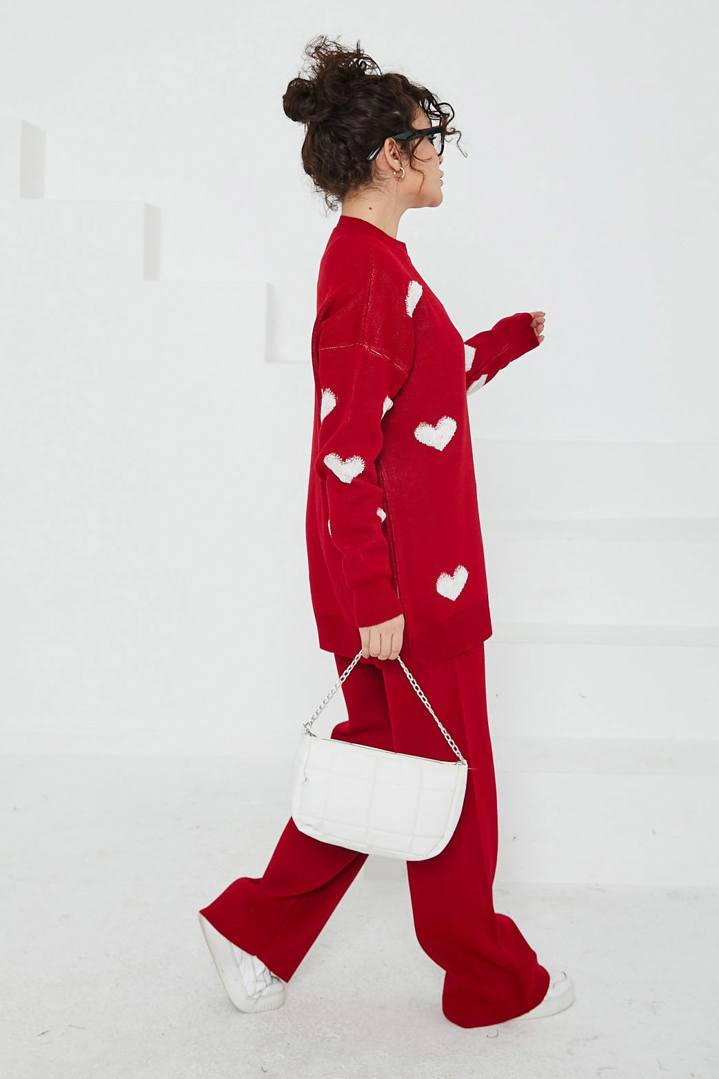 Düz Bisiklet Yaka Kadın Kirmizi Kalpli Triko Takım - 26693 - 6