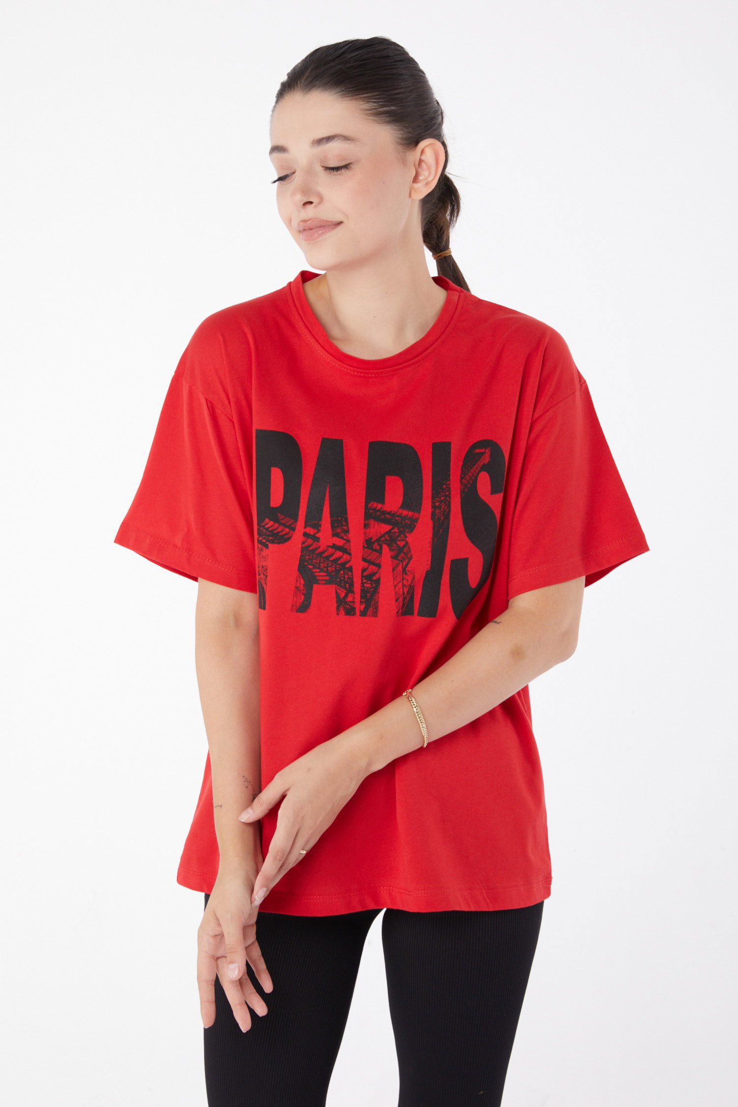 Kısa Kollu Baskılı T-shirt Kirmizi - 25985 - 2
