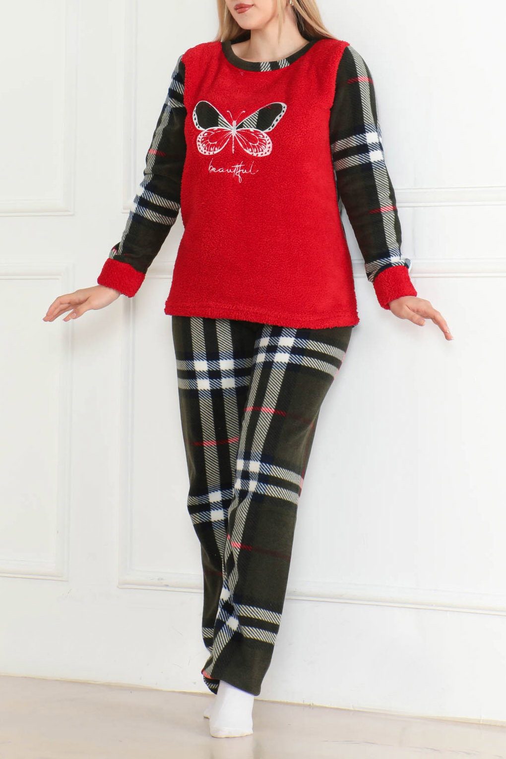 Nakışlı Peluş Polar Pijama Takım Kirmizi - 26631 - 1