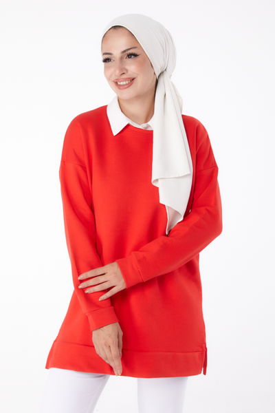 Düz Bisiklet Yaka Kadın Kirmizi Uzun Kollu Sweatshirt - 24653 