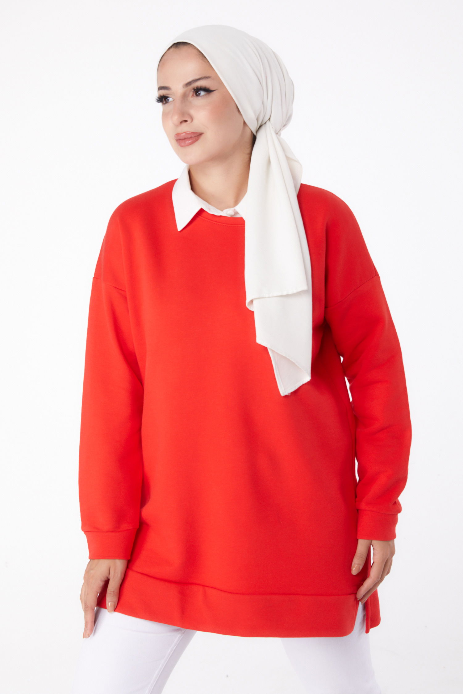 Düz Bisiklet Yaka Kadın Kirmizi Uzun Kollu Sweatshirt - 24653 - 2